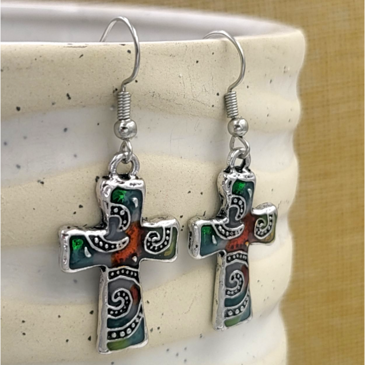 Rainbow Mosaic Small Cross Earrings