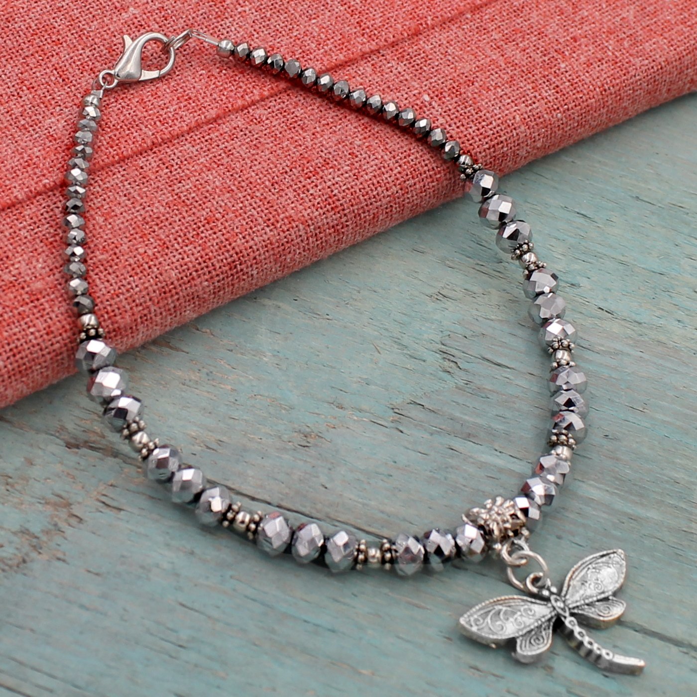 BESHEEK | Dragonfly Silver Crystal Glass Beaded Anklet