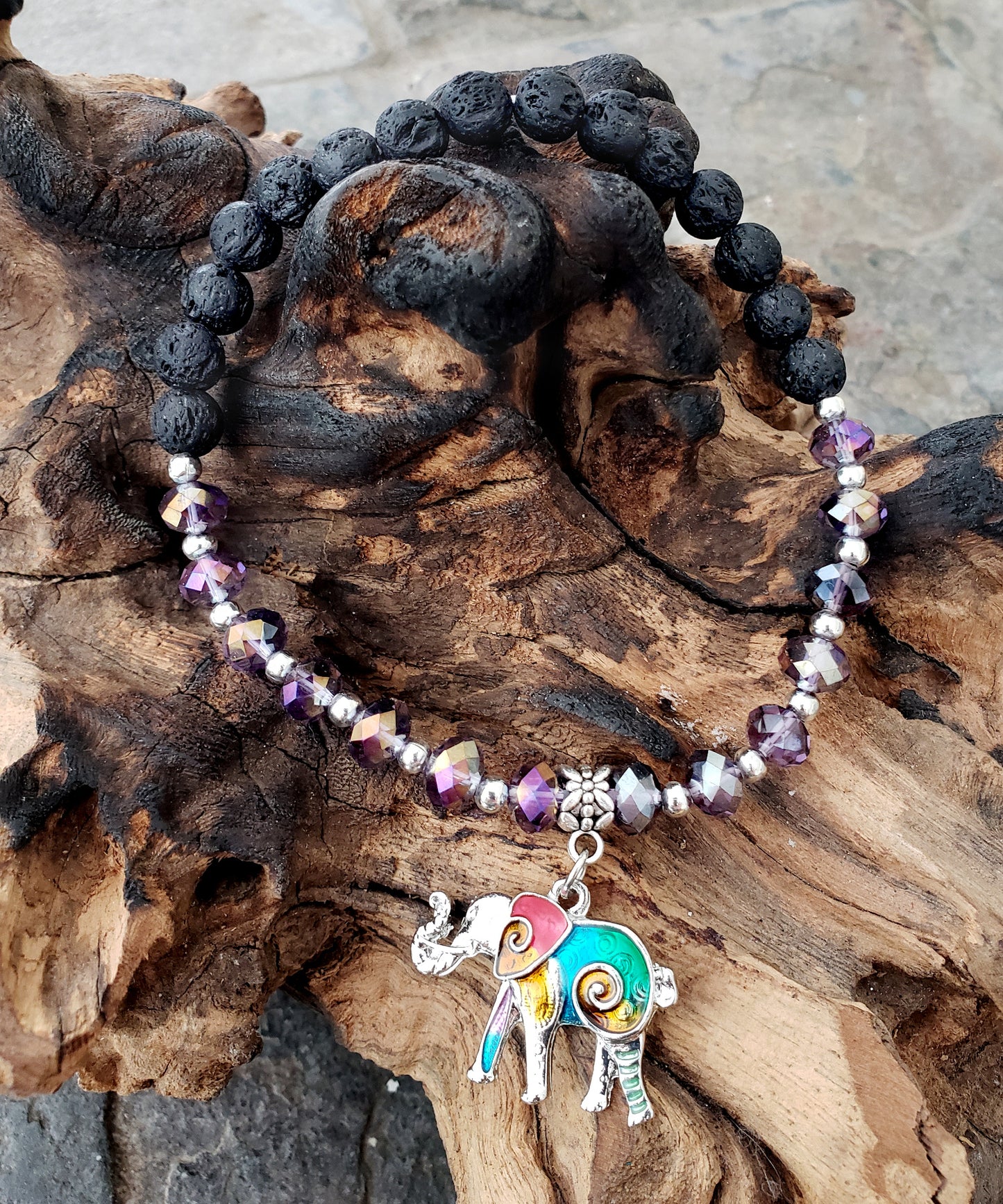 BESHEEK PURPLE and Black Lava bead Mosaic Elephant Stretch Anklet | Handmade Hypoallergenic Beach Gala Wedding Style Jewelry