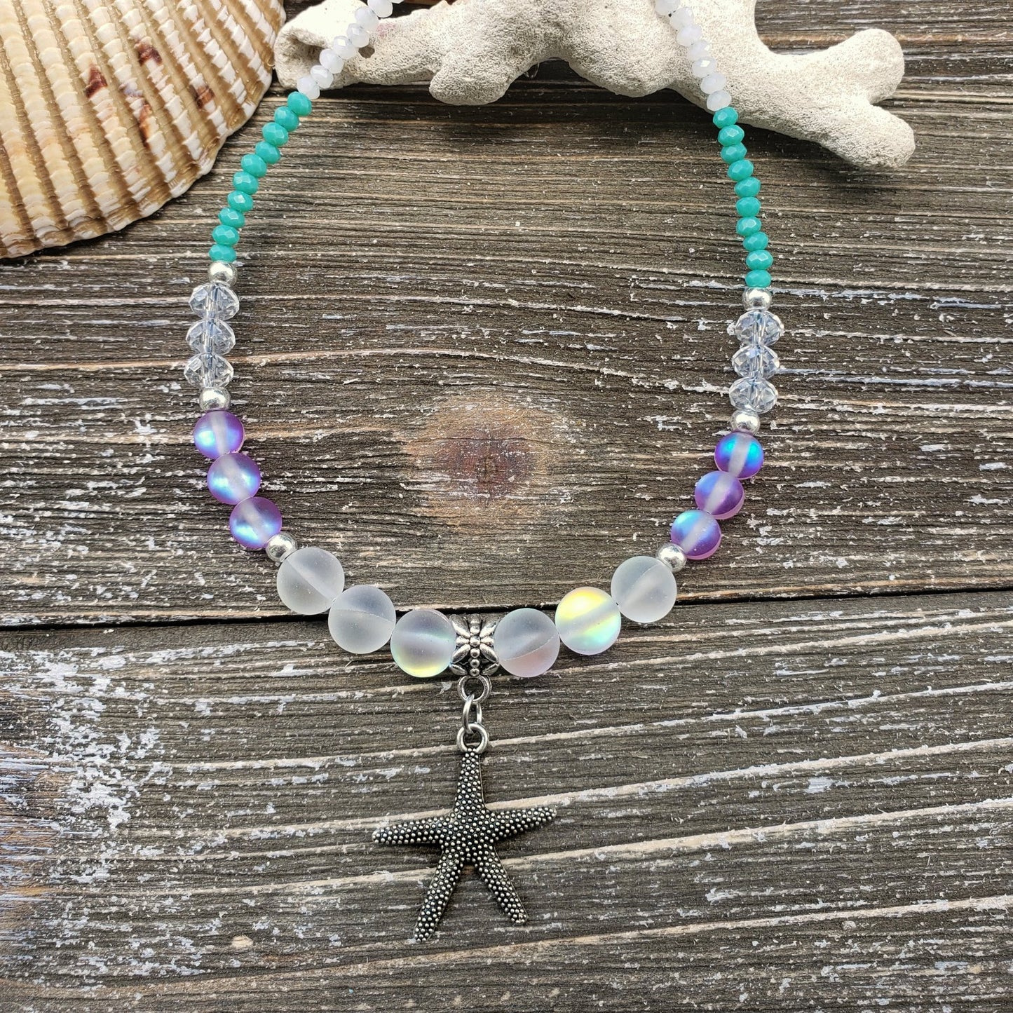 BESHEEK Starfish BLUE PURPLE WHITE Glass Artisan Beaded Anklet with Extension | Handmade Hypoallergenic Beach Gala Wedding Style Jewelry