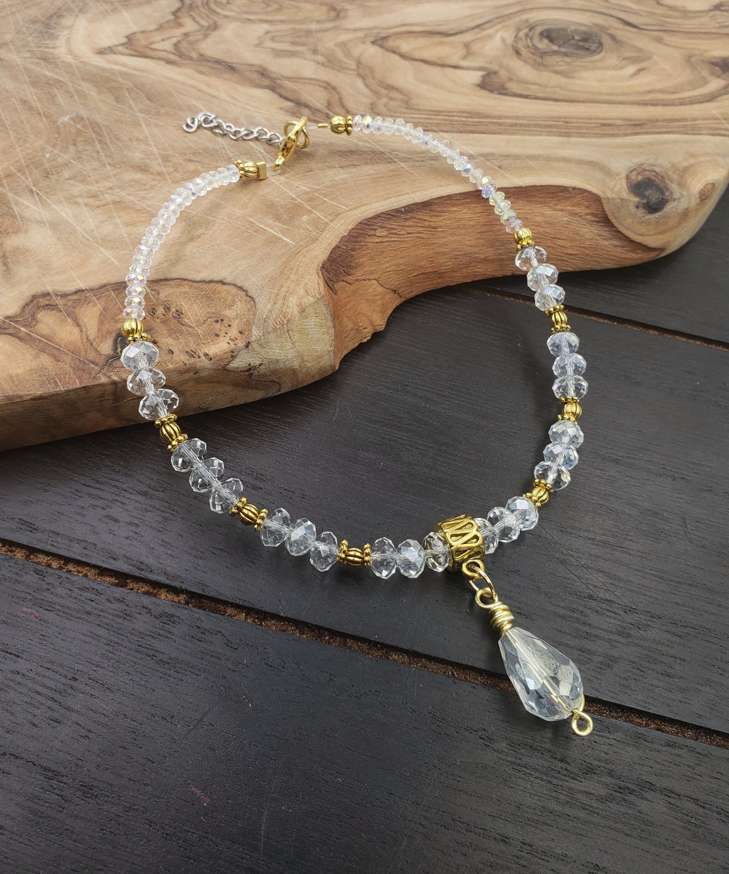 BESHEEK Goldtone and crystal clear Teardrop charm Adjustable Anklet | Handmade Hypoallergenic Beach Gala Wedding Style Jewelry