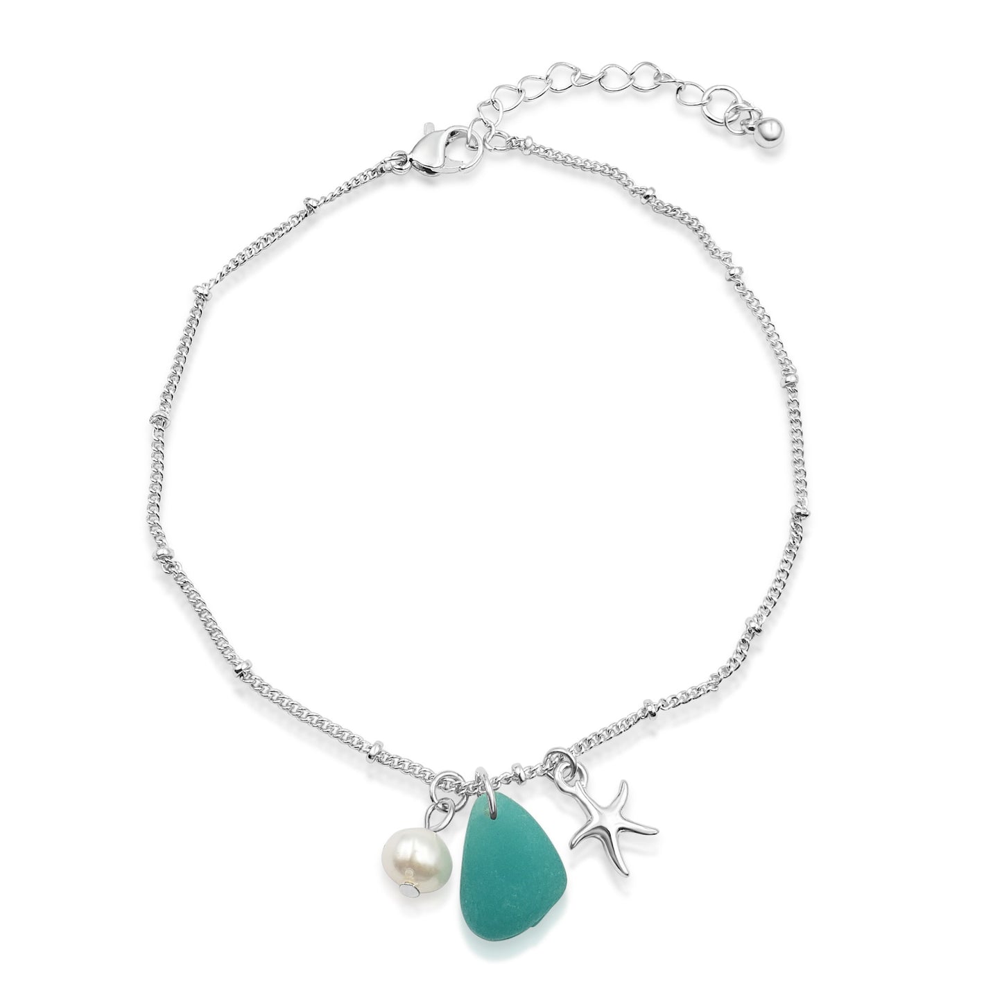 BESHEEK Seaglass BLUE Starfish and Pearl Artisan Silvertone Chain Anklet with Extension | Handmade Hypoallergenic Beach Gala Wedding Style Jewelry