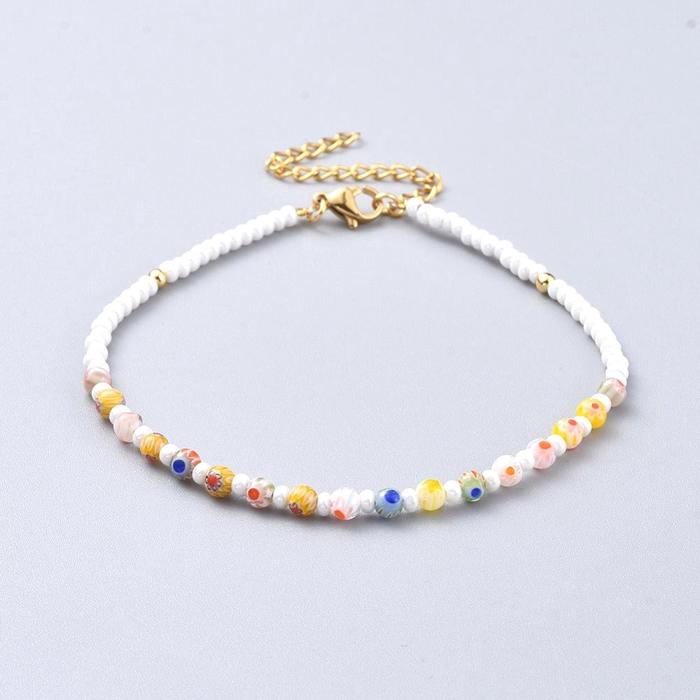 BESHEEK Millefiori Flower WHITE Artisan Beaded Anklet with Extension | Handmade Hypoallergenic Beach Gala Wedding Style Jewelry
