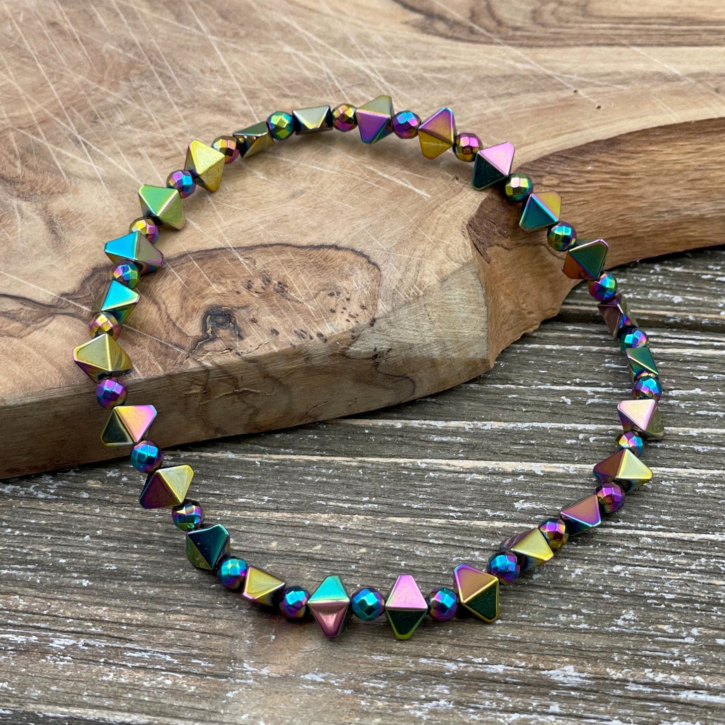 BESHEEK Pyramid RAINBOW Hematite Faceted Stone Artisan Beaded Stretch Anklet | Handmade Hypoallergenic Beach Gala Wedding Style Jewelry