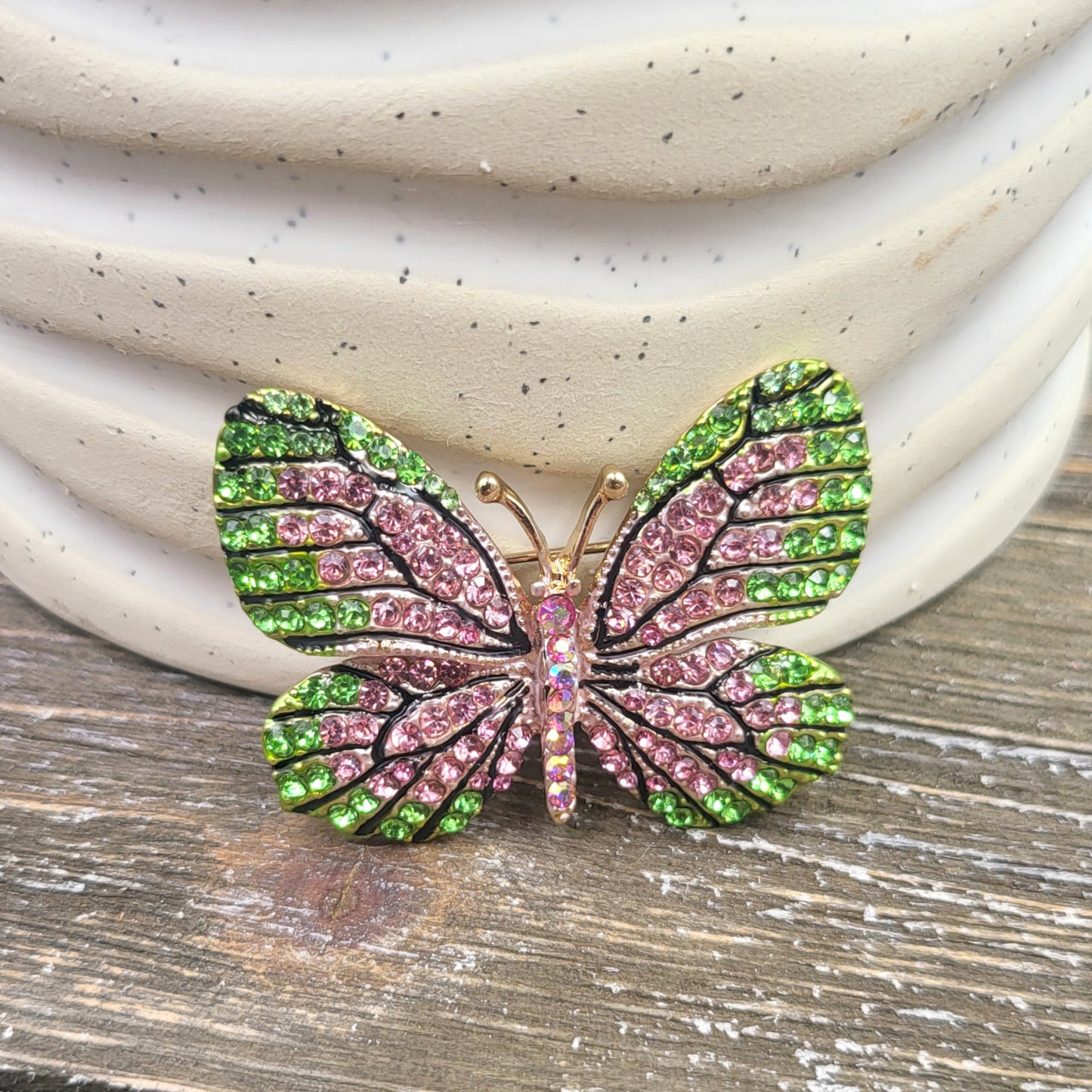 BESHEEK Pink and Lime Green Paved Rhinestone Butterfly Professional Artisan Brooch Pin | Handmade Hypoallergenic Office, Suit, Networking Style Jewelry