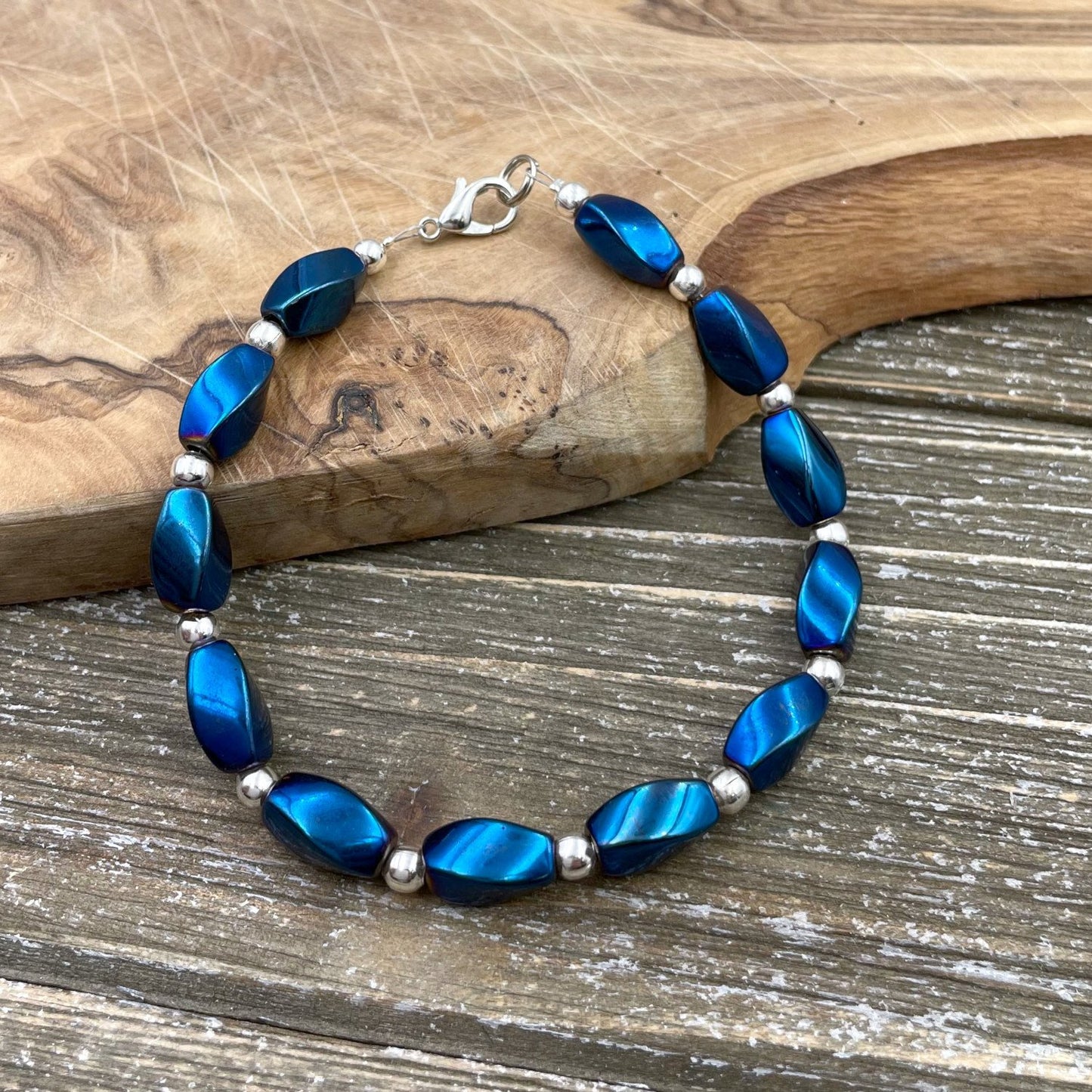 BESHEEK Silvertone and Luster Blue Twisted Hematite Bracelet.| Handmade Hypoallergenic Boho Beach Gala Wedding Style Jewelry