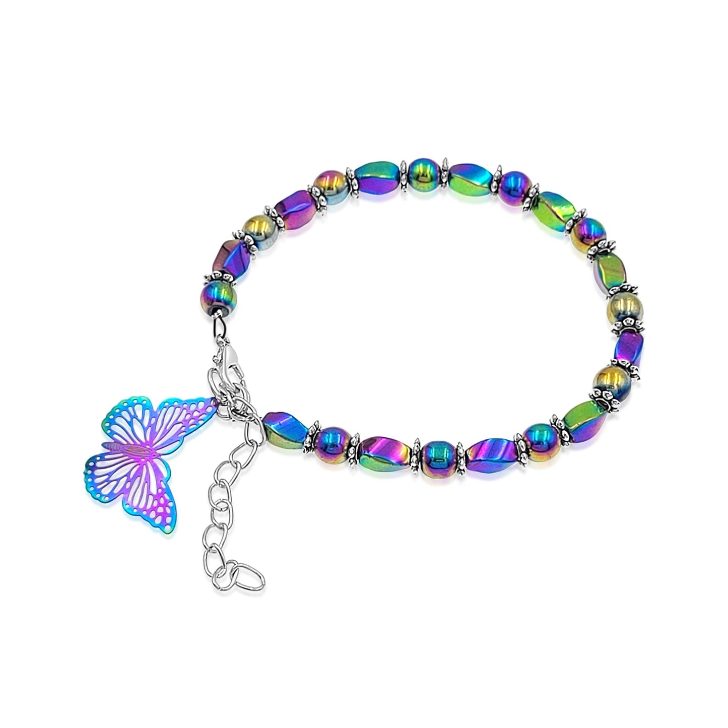 BESHEEK Rainbow Stainless Steel and Hematite Beaded Butterfly Bracelet| Handmade Hypoallergenic Boho Beach Gala Wedding Style Jewelry
