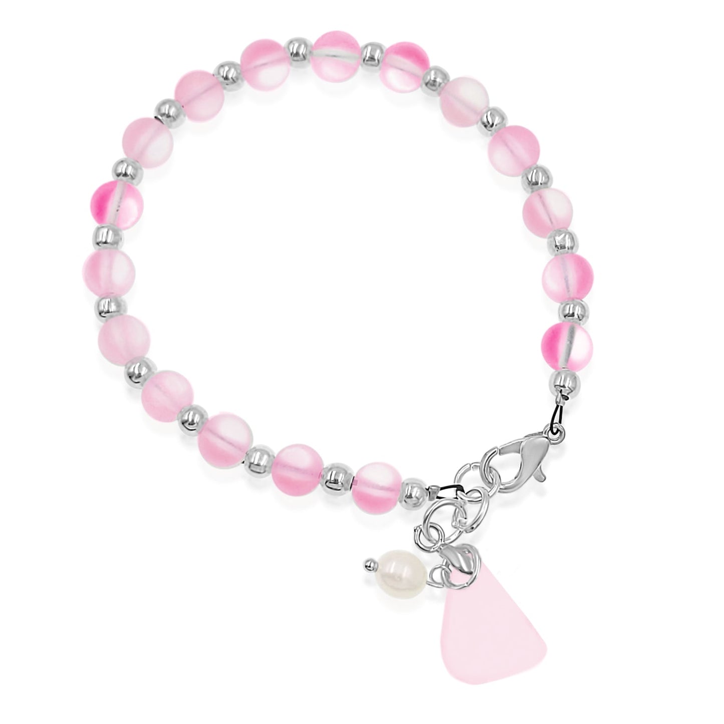 BESHEEK Silvertone, PInk Seaglass and Freshwater Pearl Beaded Bracelet| Handmade Hypoallergenic Boho Beach Gala Wedding Style Jewelry