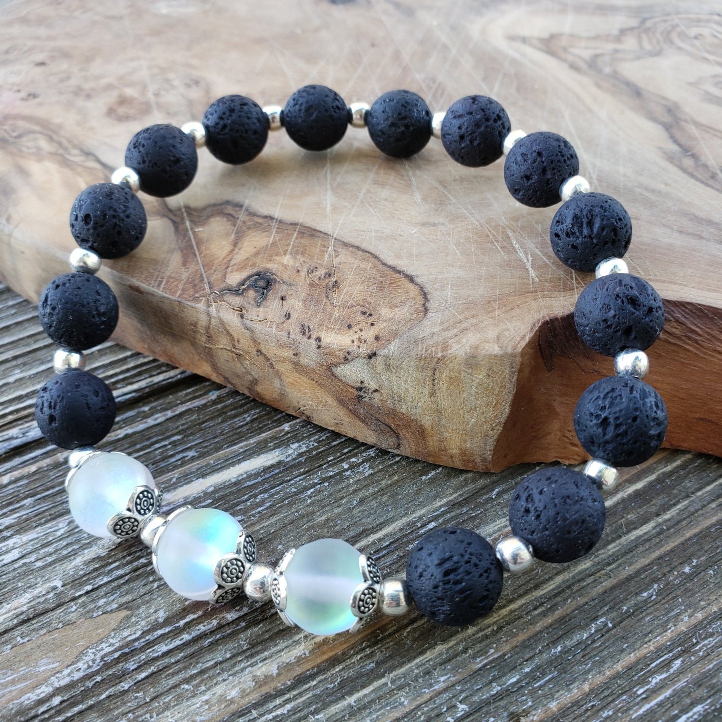 BESHEEK Lava Stone and Mermaid Glass Stretch Bracelet| Handmade Hypoallergenic Boho Beach Gala Wedding Style Jewelry