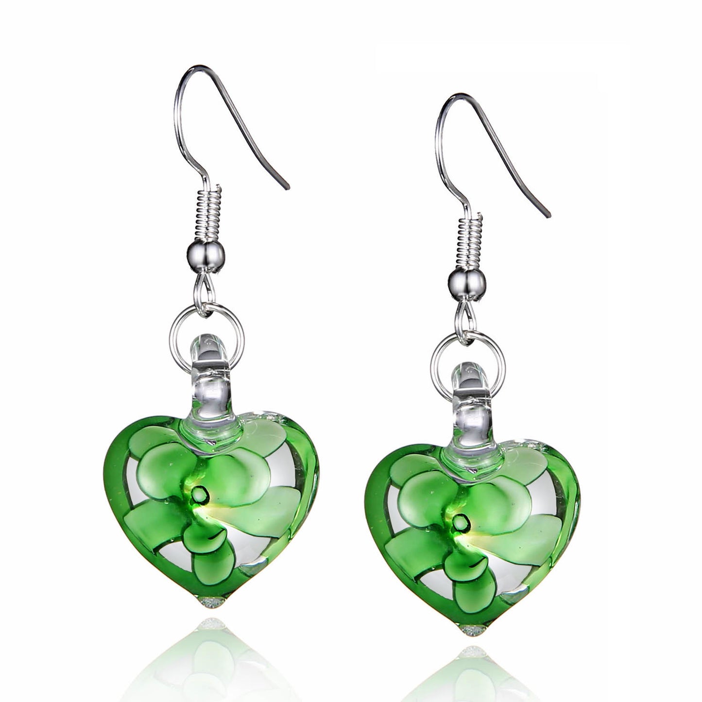 BESHEEK Handmade Murano Inspired Gorgeous Artist Made Flower Heart Glass Earrings by BESHEEK ?Handcrafted Blown Hypoallergenic Artisan Lampwork Italian Style Jewelry - Green | Handmade Hypoallergenic Boho Beach Gala Wedding Style Fashion Earrings