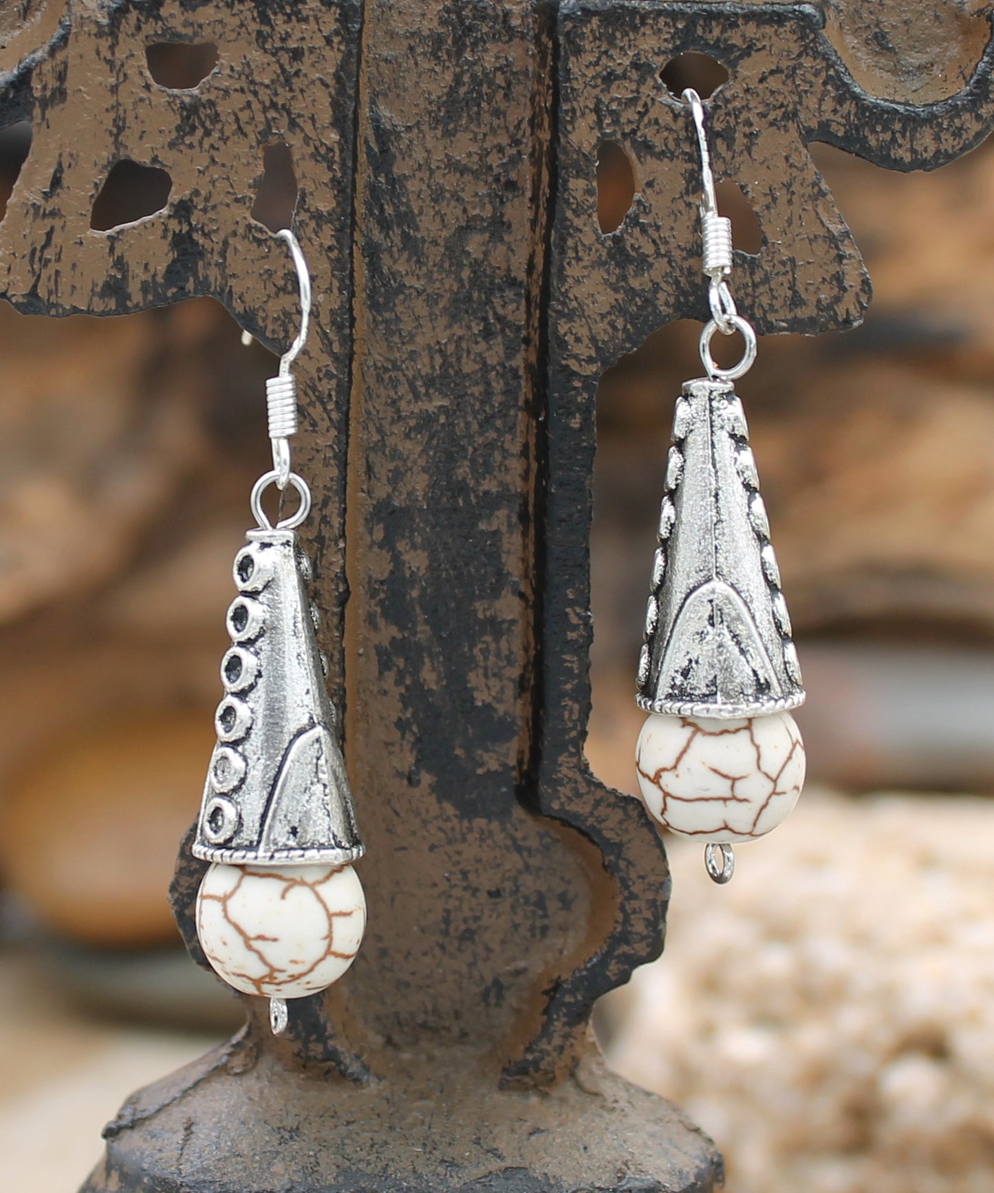 BESHEEK White Turquoise & Sterling Silver Filigree Bali Cone Drop Earrings | Hypoallergenic Boho Beach Gala Wedding Style Fashion Earrings