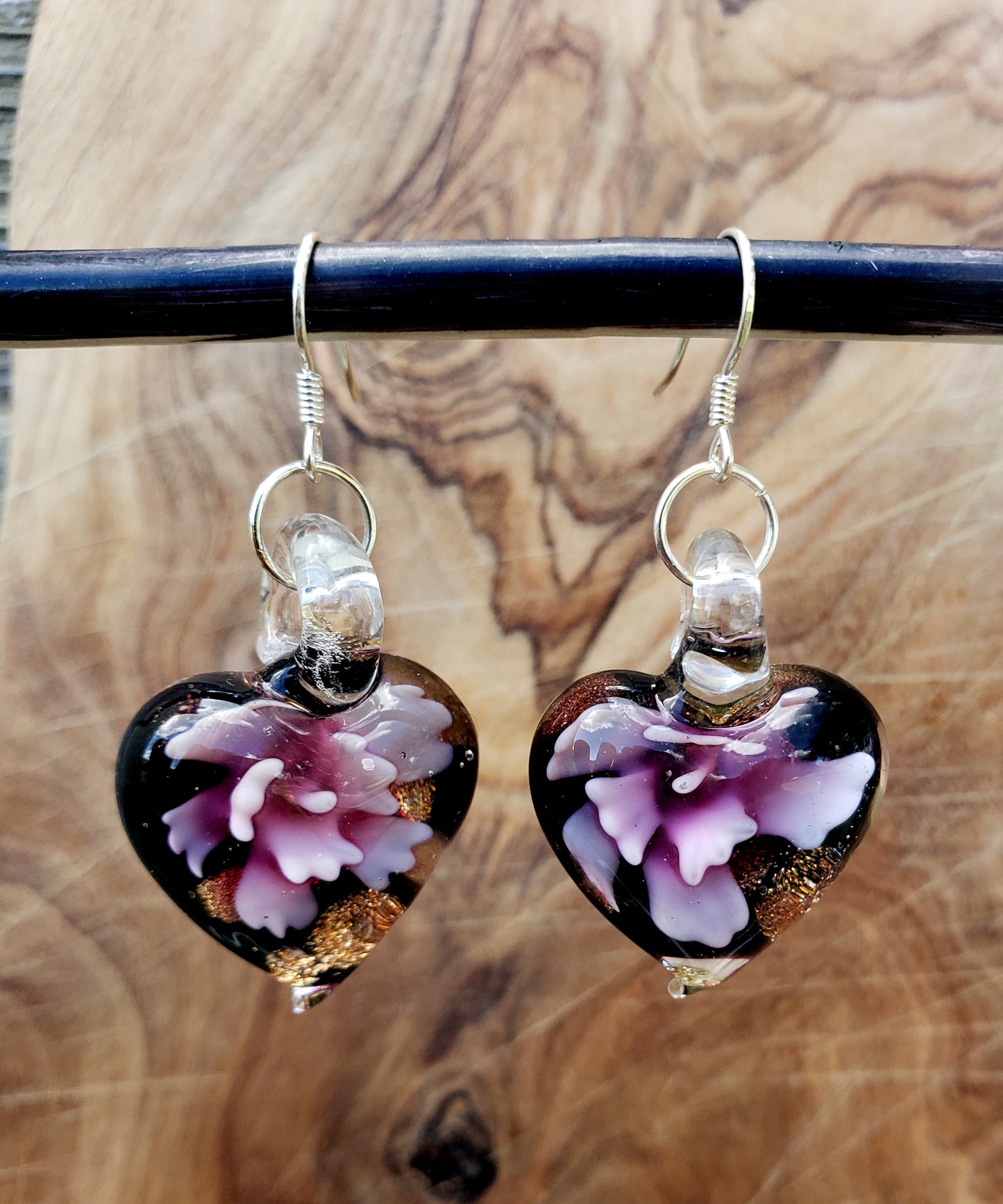 BESHEEK Sterling Silver Handmade Murano-inpired Pink Flower in Heart Fused Glass Dangle Earrings | Hypoallergenic Boho Beach Gala Wedding Style Fashion Earrings