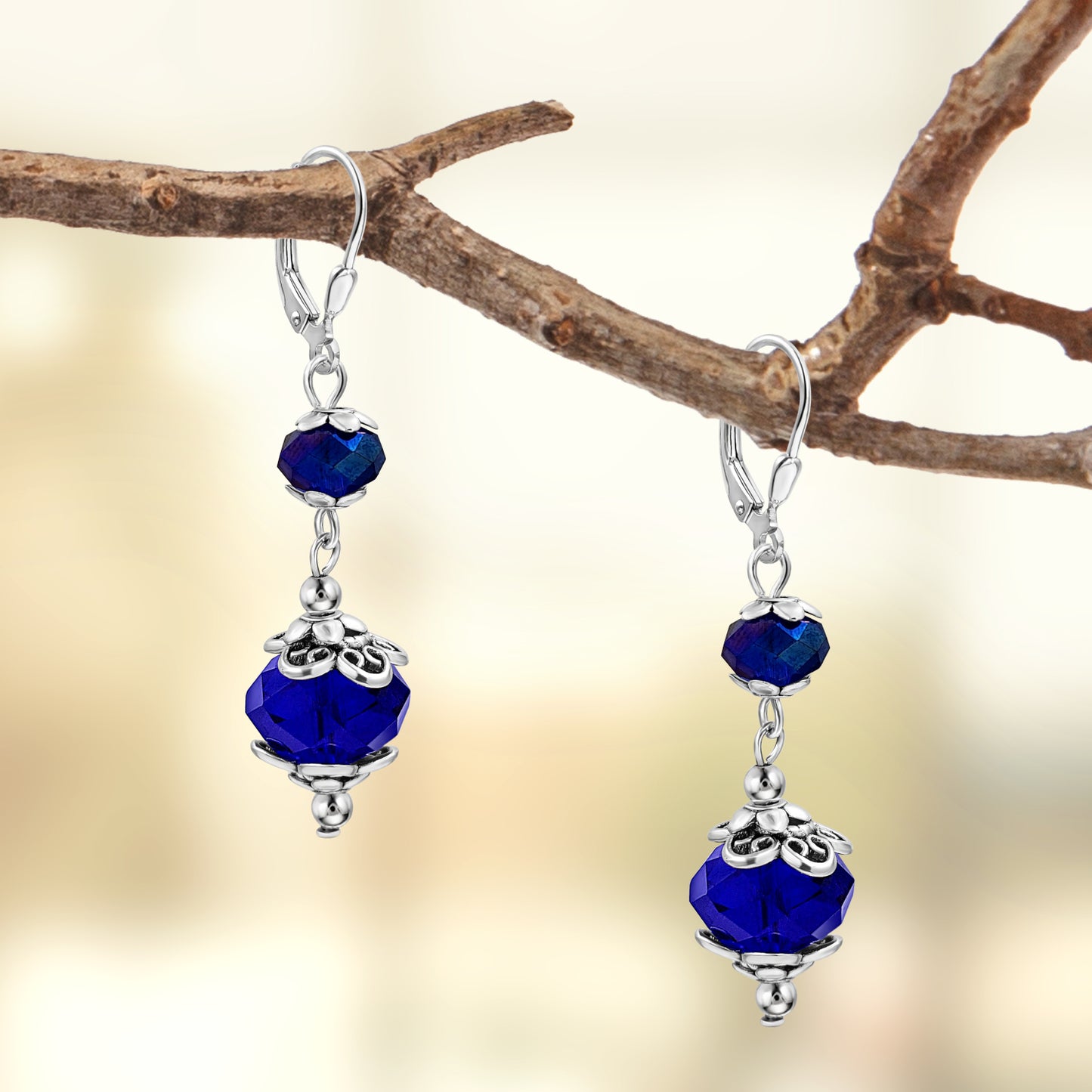 BESHEEK Silvertone Stainless Steel Cobalt Blue Crystal Leverback Dangle Earrings | Hypoallergenic Boho Beach Gala Wedding Style Fashion Earrings