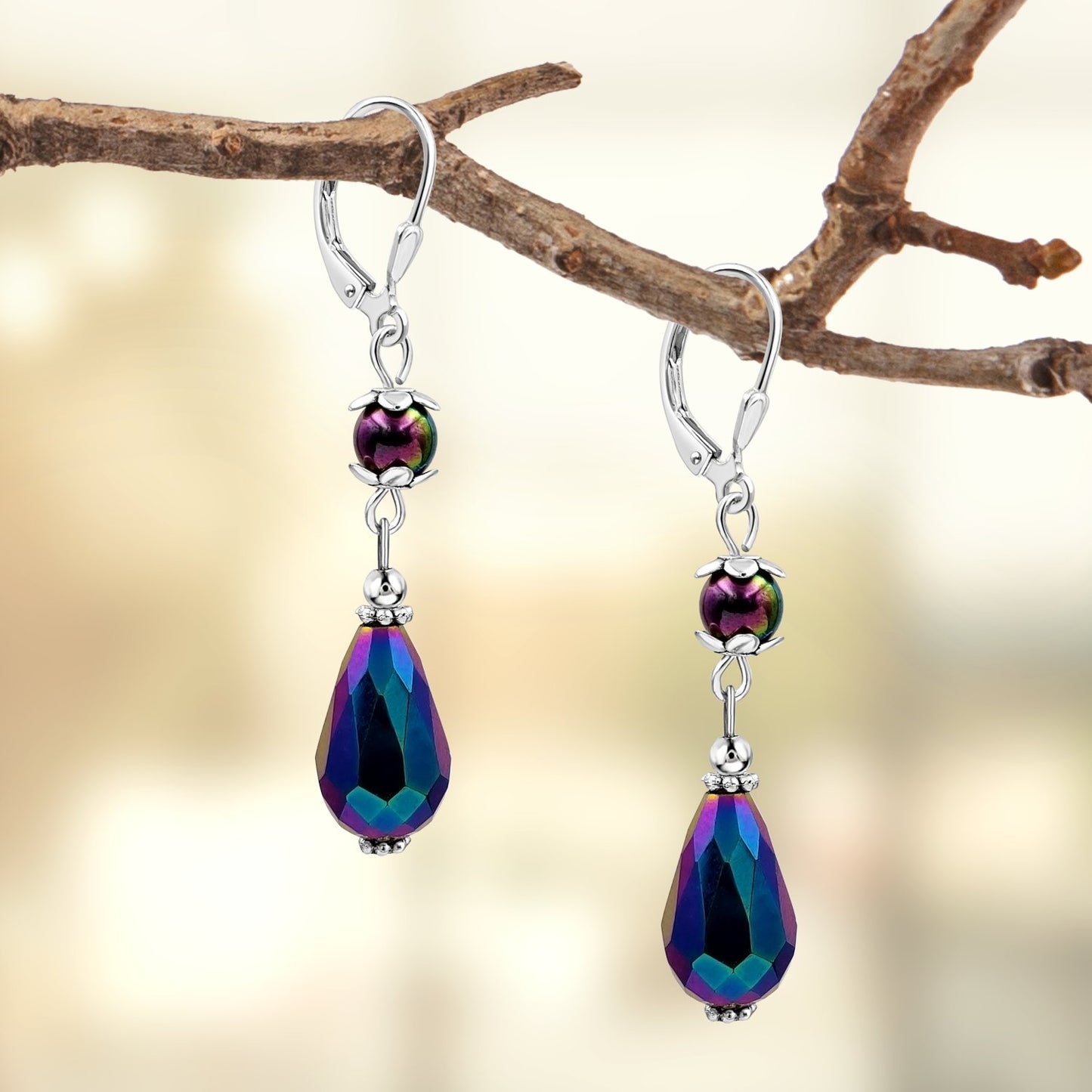BESHEEK Rainbow Vitrail Crystal Glass Teardrop Leverback Earrings | Handmade Hypoallergenic Boho Beach Gala Wedding Style Fashion Earrings