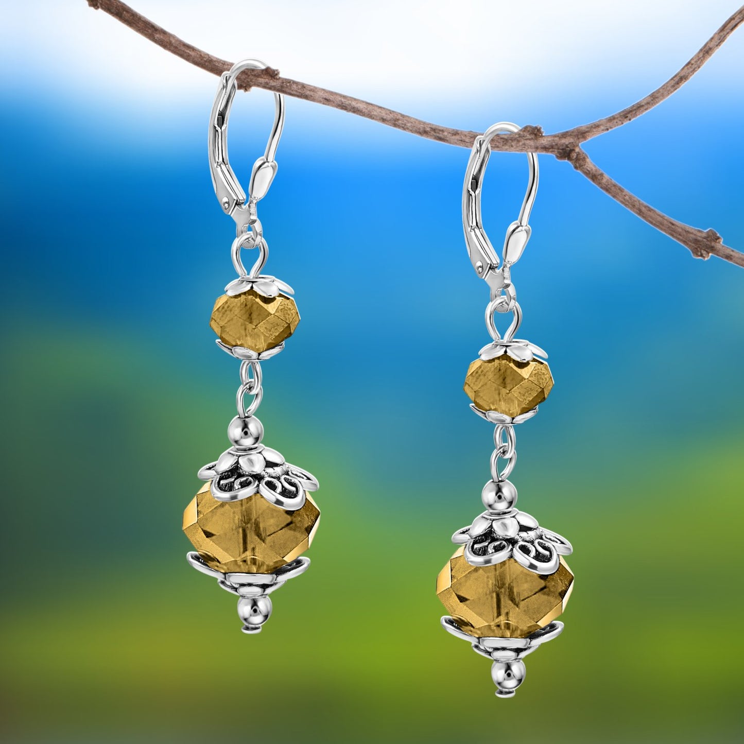 BESHEEK Silvertone Stainless Steel Topaz Crystal Leverback Dangle Earrings | Handmade Hypoallergenic Boho Beach Gala Wedding Style Fashion Earrings