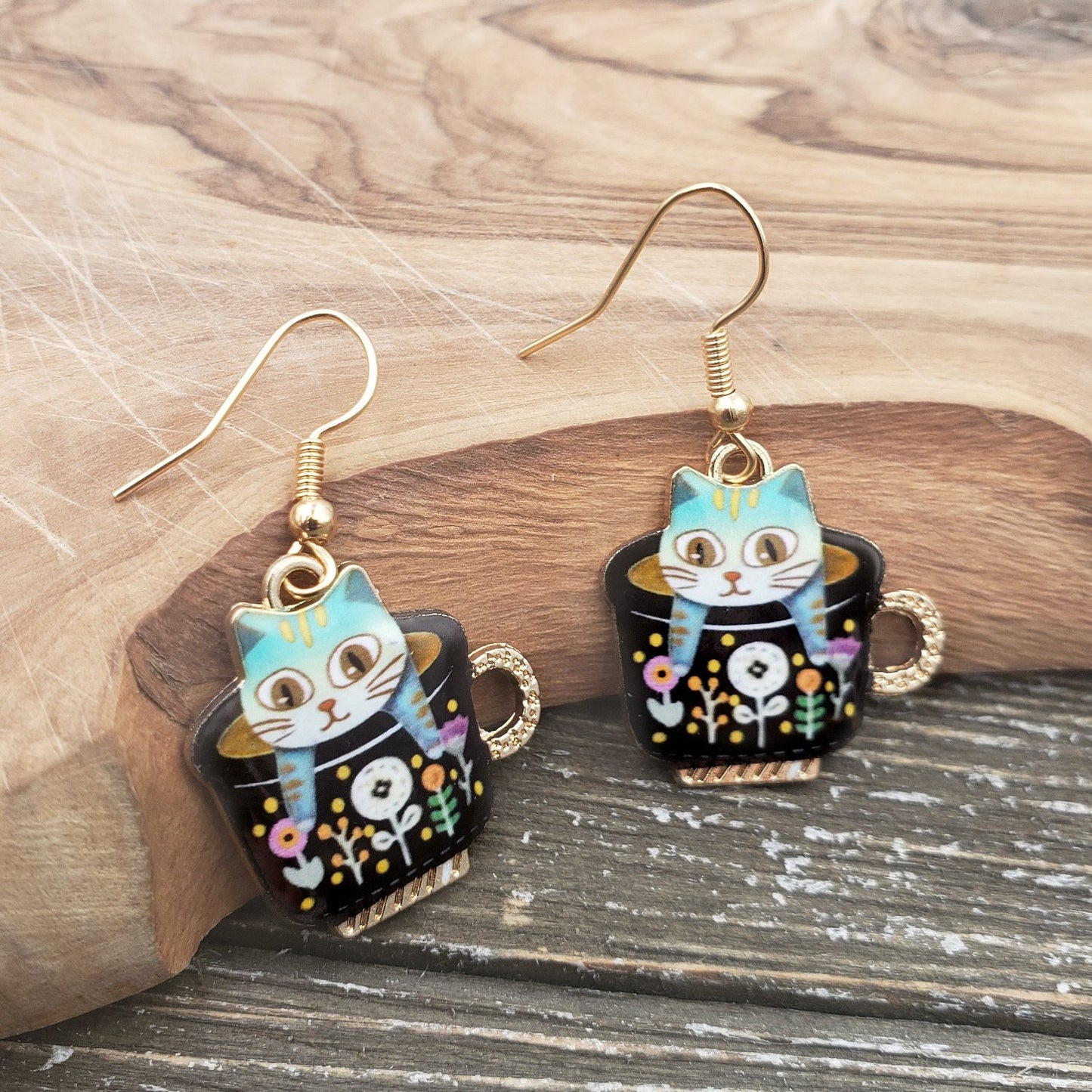 BESHEEK Handmade Black & Goldtone Tea Cup Kitty Drop Earrings | Handmade Hypoallergenic Boho Beach Gala Wedding Style Fashion Earrings