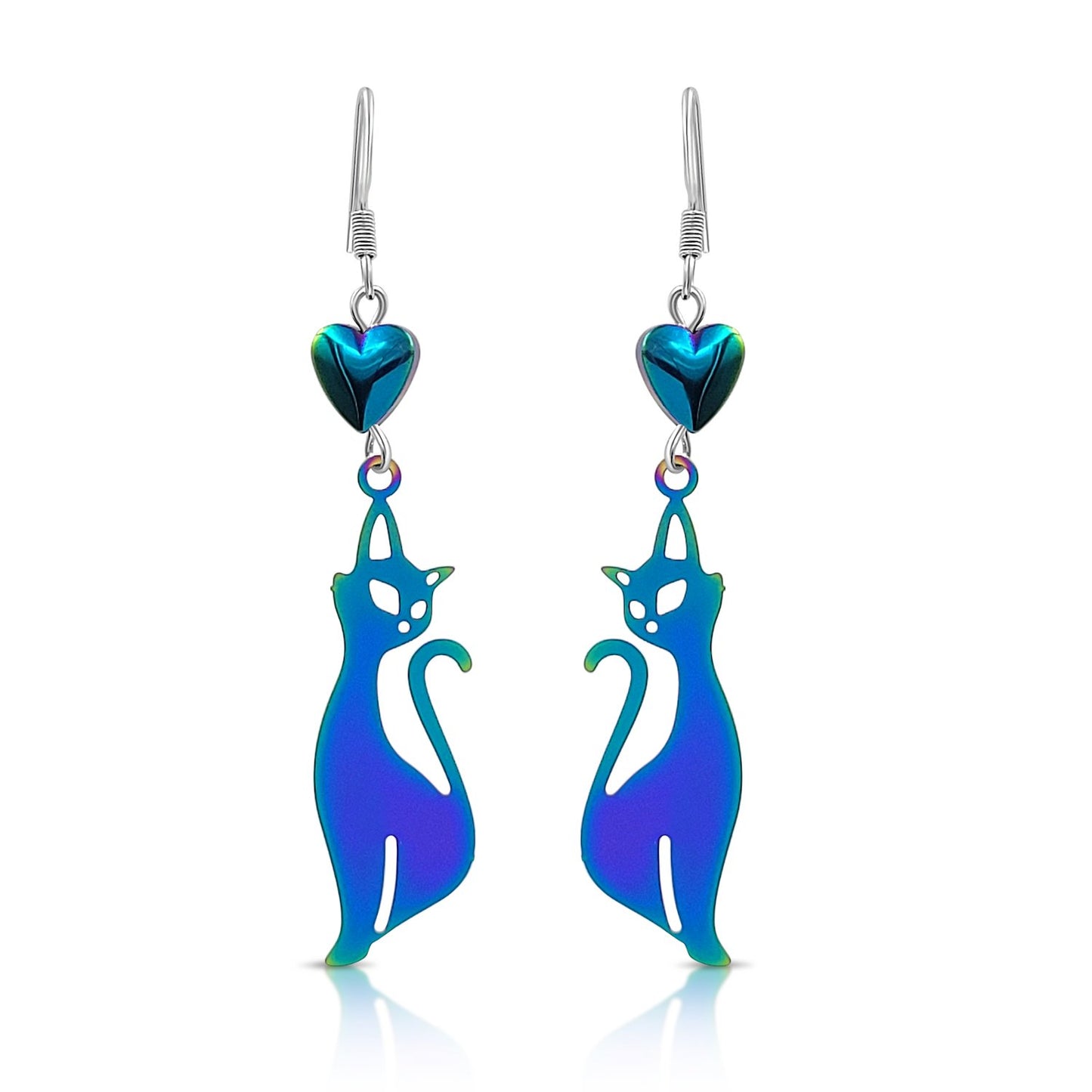 BESHEEK Rainbow Hematite Hearts and Slender Kitty Earrings | Handmade Hypoallergenic Boho Beach Gala Wedding Style Fashion Earrings