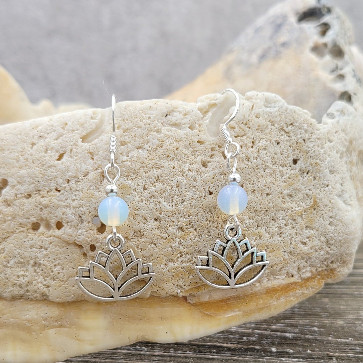 BESHEEK Sterling Silver, Moonstone and Lotus Dangle Earrings | Handmade Hypoallergenic Boho Beach Gala Wedding Style Fashion Earrings