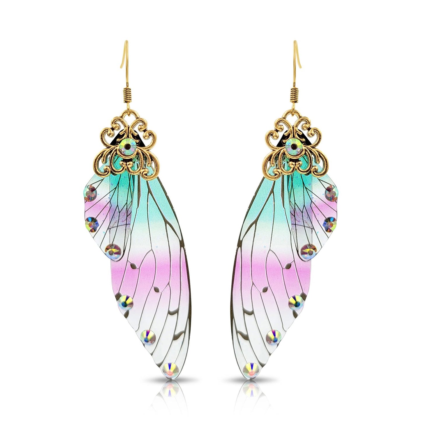 BESHEEK Antique Gold Blue & PInk Resin Butterfly Wings with Rhinestones | Handmade Hypoallergenic Boho Beach Gala Wedding Style Fashion Earrings