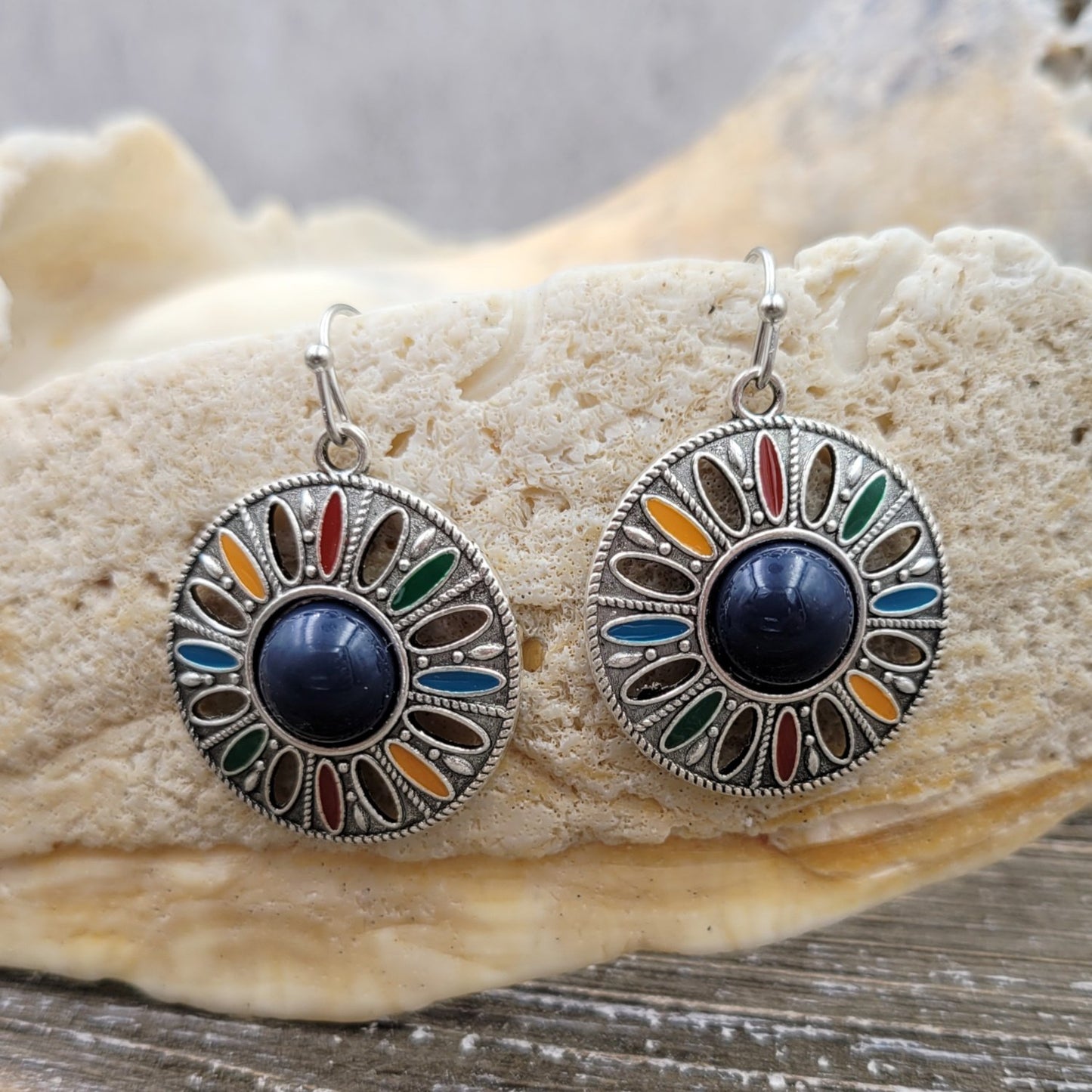 BESHEEK Antique Silver Boho Chic Bohemia Multi-color Circle Rainbow Drop Earrings | Handmade Hypoallergenic Boho Beach Gala Wedding Style Fashion Earrings