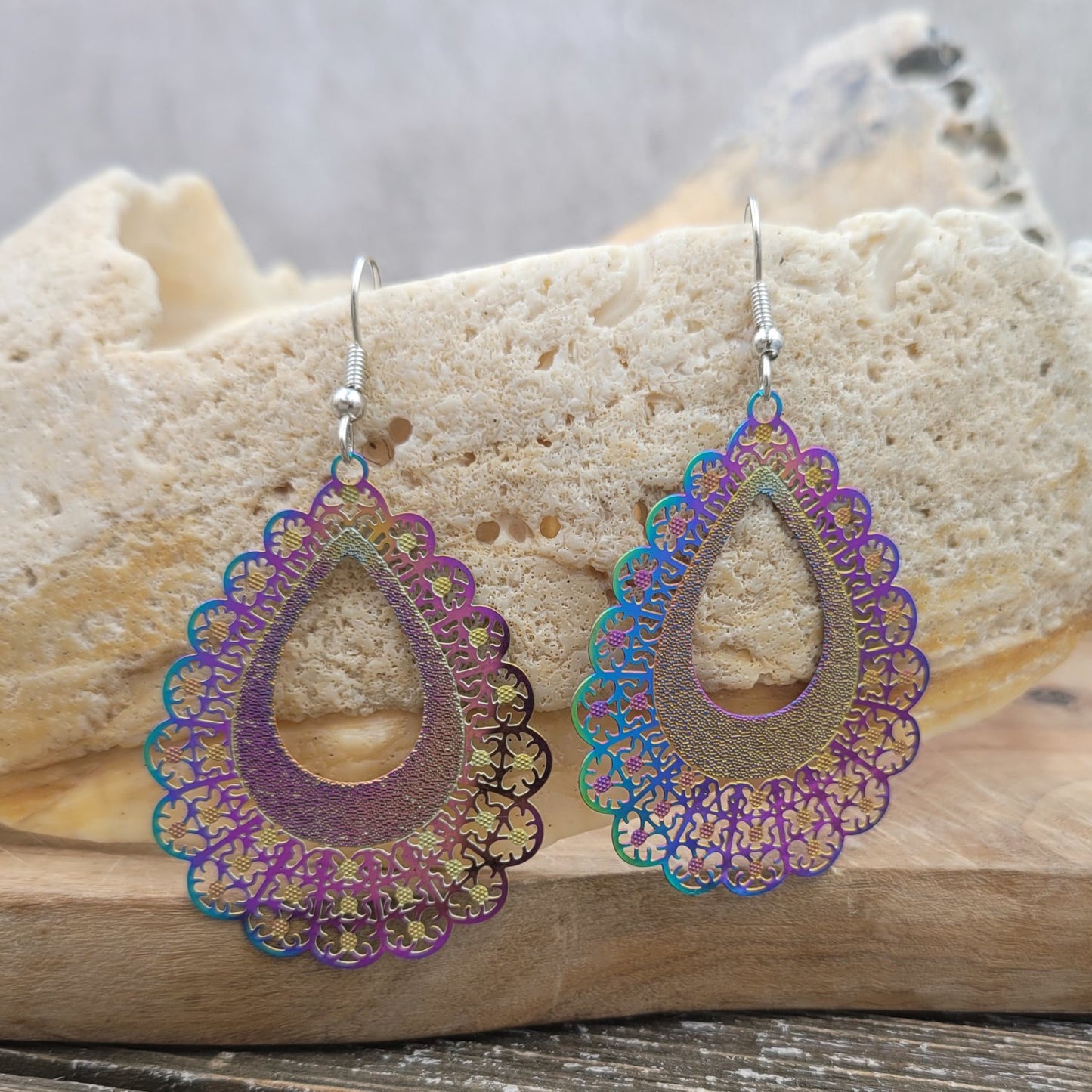 BESHEEK Rainbow Stainless Steel "Ornate Crochet" Teardrop Earrings | Handmade Hypoallergenic Boho Beach Gala Wedding Style Fashion Earrings
