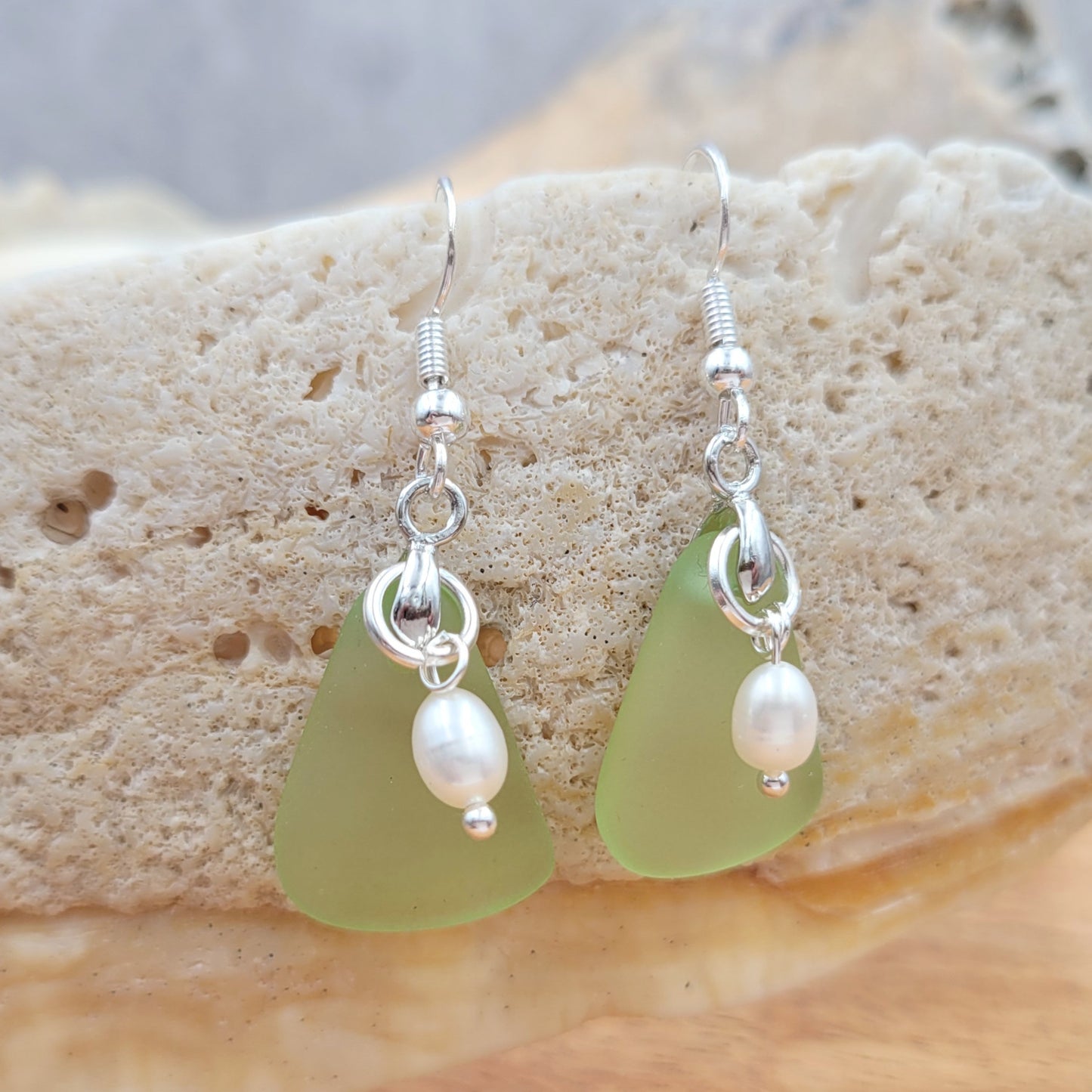 BESHEEK Sterling Silver Green & Freshwater Pearl Seaglass Earrings | Handmade Hypoallergenic Boho Beach Gala Wedding Style Fashion Earrings