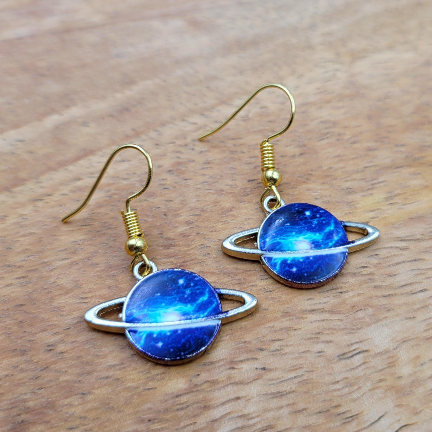 BESHEEK Goldtone Blue Universe in Saturn Dangle Earrings | Handmade Hypoallergenic Boho Beach Gala Wedding Style Fashion Earrings