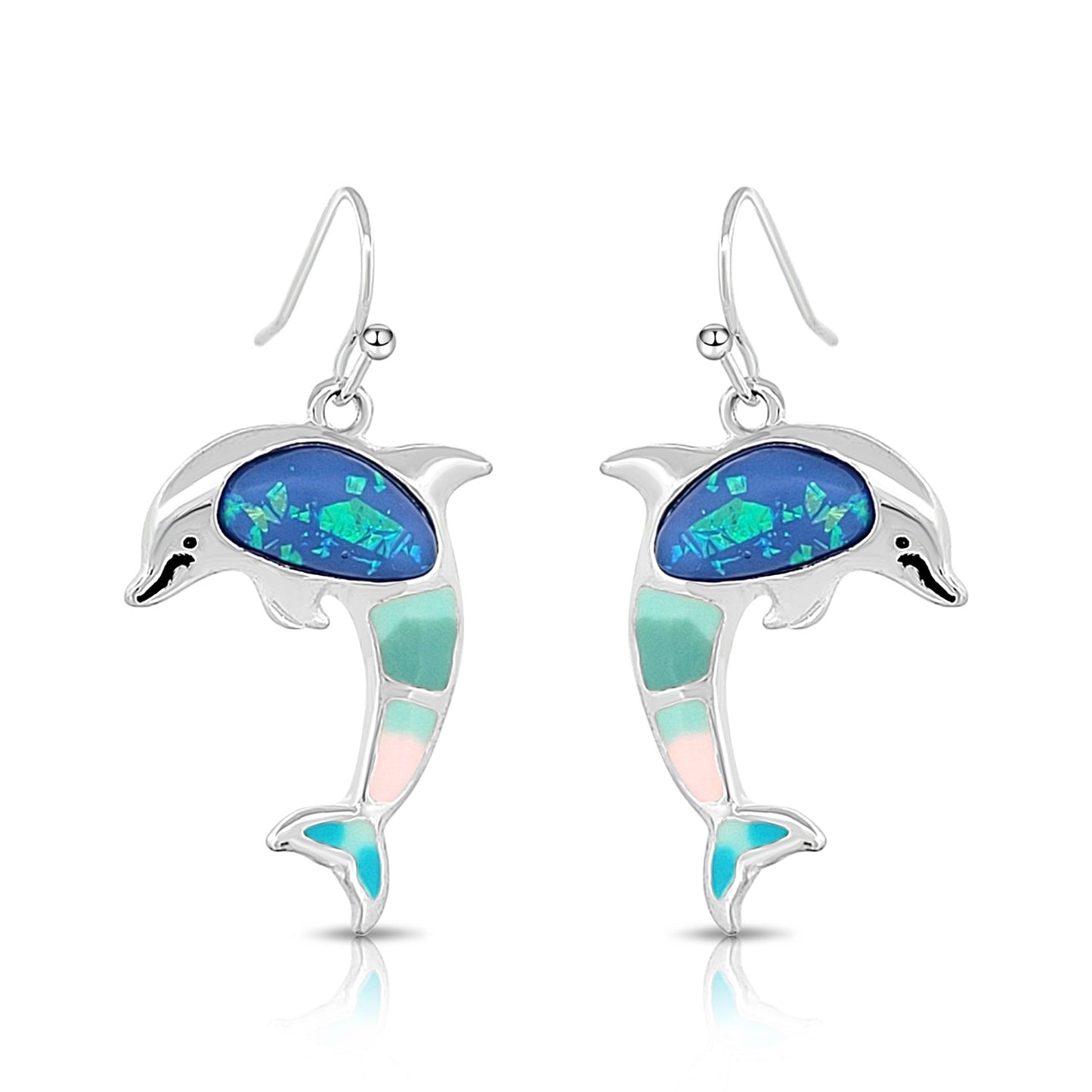 BESHEEK Silvertone and Pastel Resin Dolphin Dangle Earrings | Handmade Hypoallergenic Boho Beach Gala Wedding Style Fashion Earrings