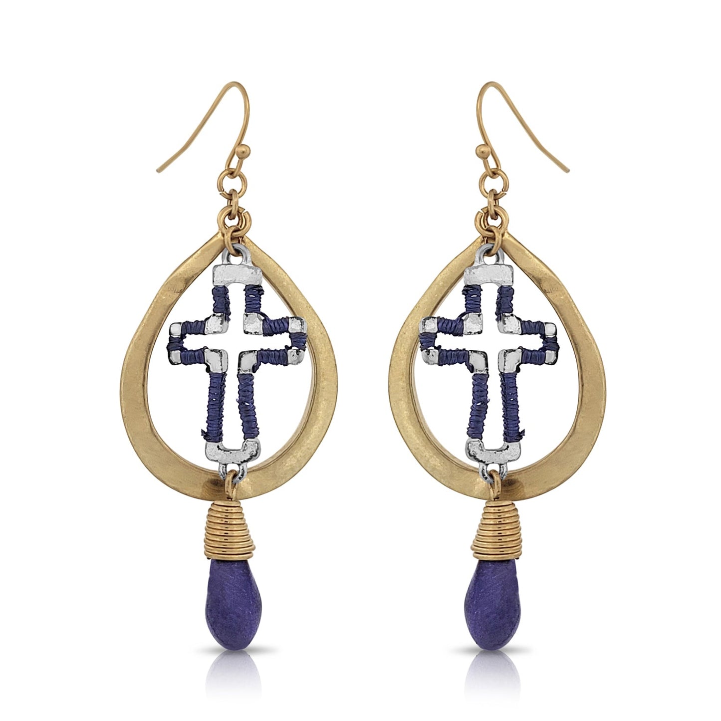 BESHEEK Matte Goldtone Cross and Blue Teardrop Dangle Earrings | Handmade Hypoallergenic Boho Beach Gala Wedding Style Fashion Earrings