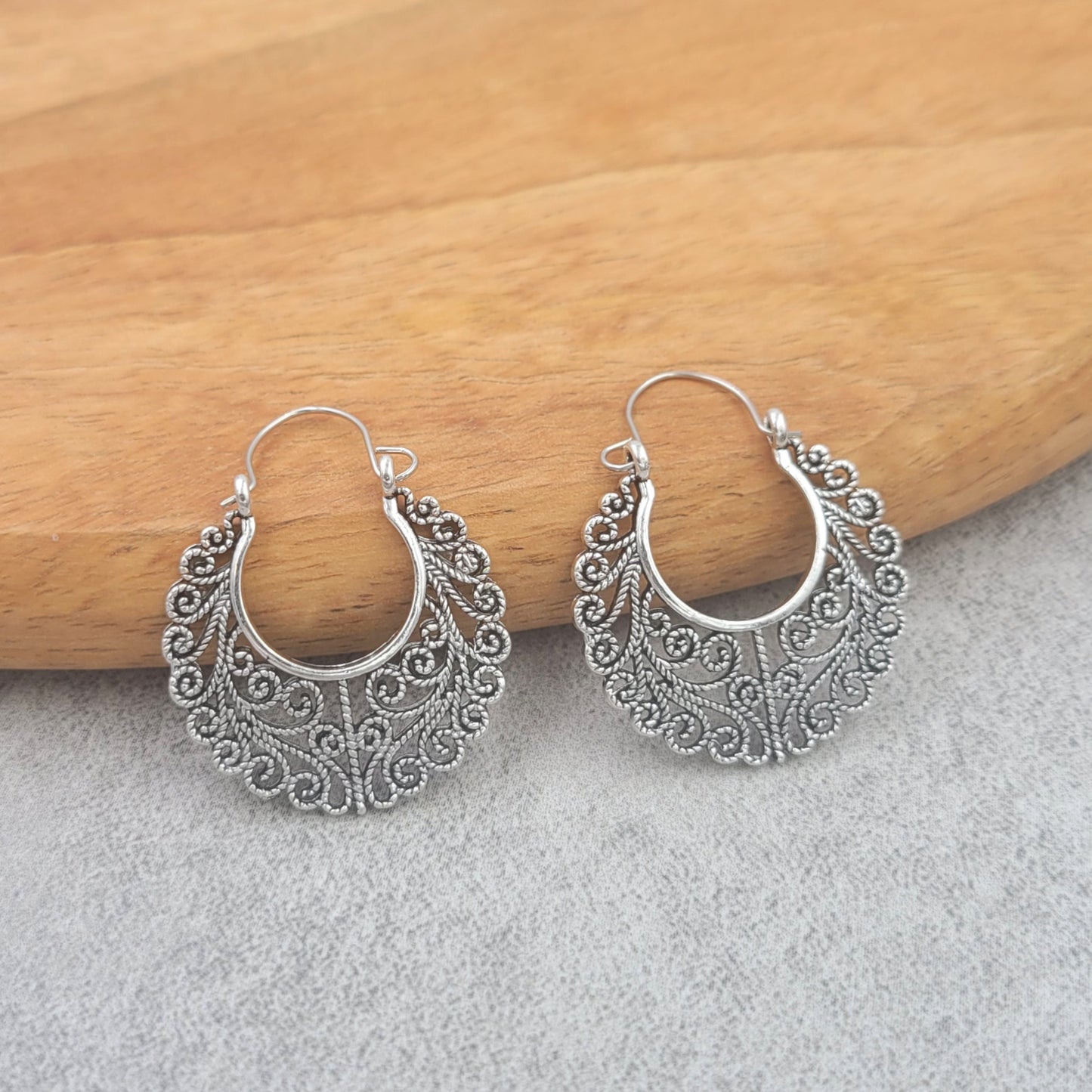 BESHEEK Silvertone Filigree Swirl Latch earrings | Hypoallergenic Boho Beach Gala Wedding Style Fashion Earrings