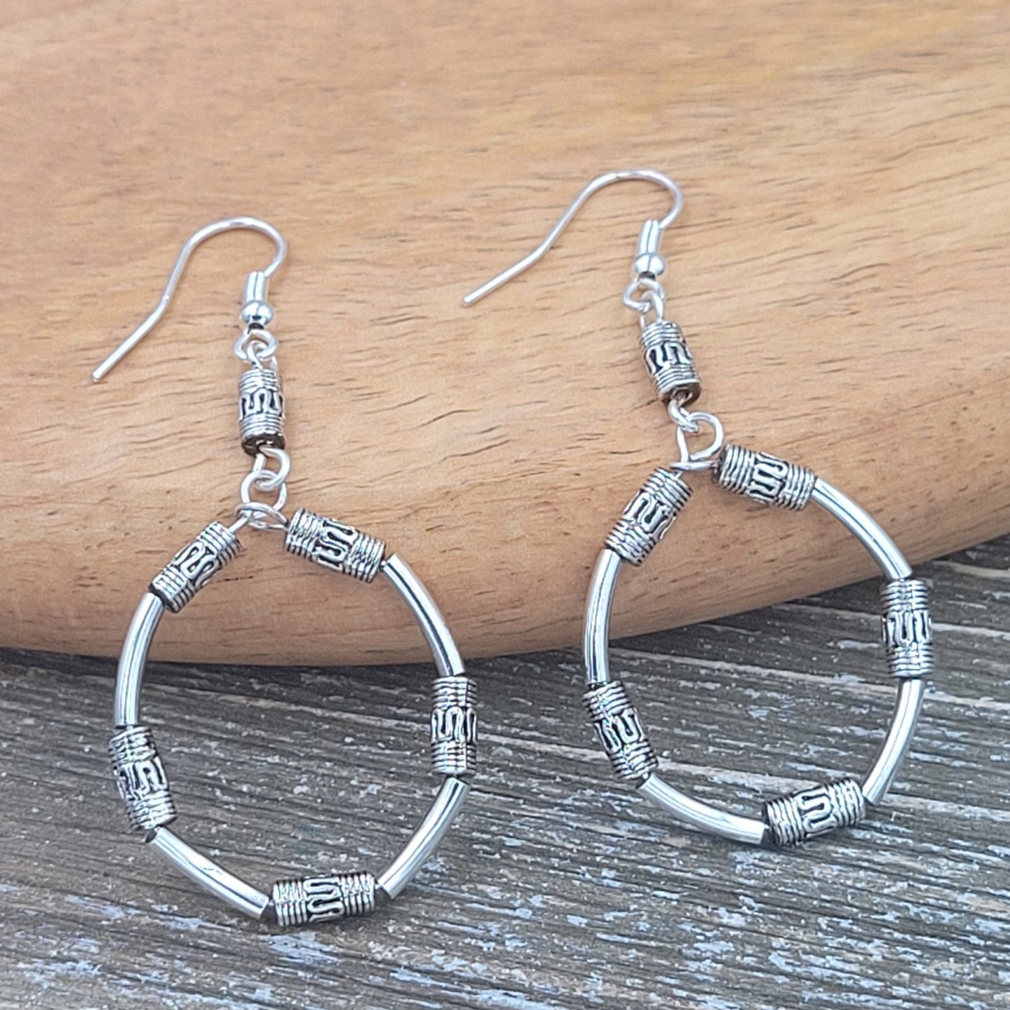 BESHEEK Silvertone Tibetan Rope Dangle Hoop Earrings | Handmade Hypoallergenic Boho Beach Gala Wedding Style Fashion Earrings