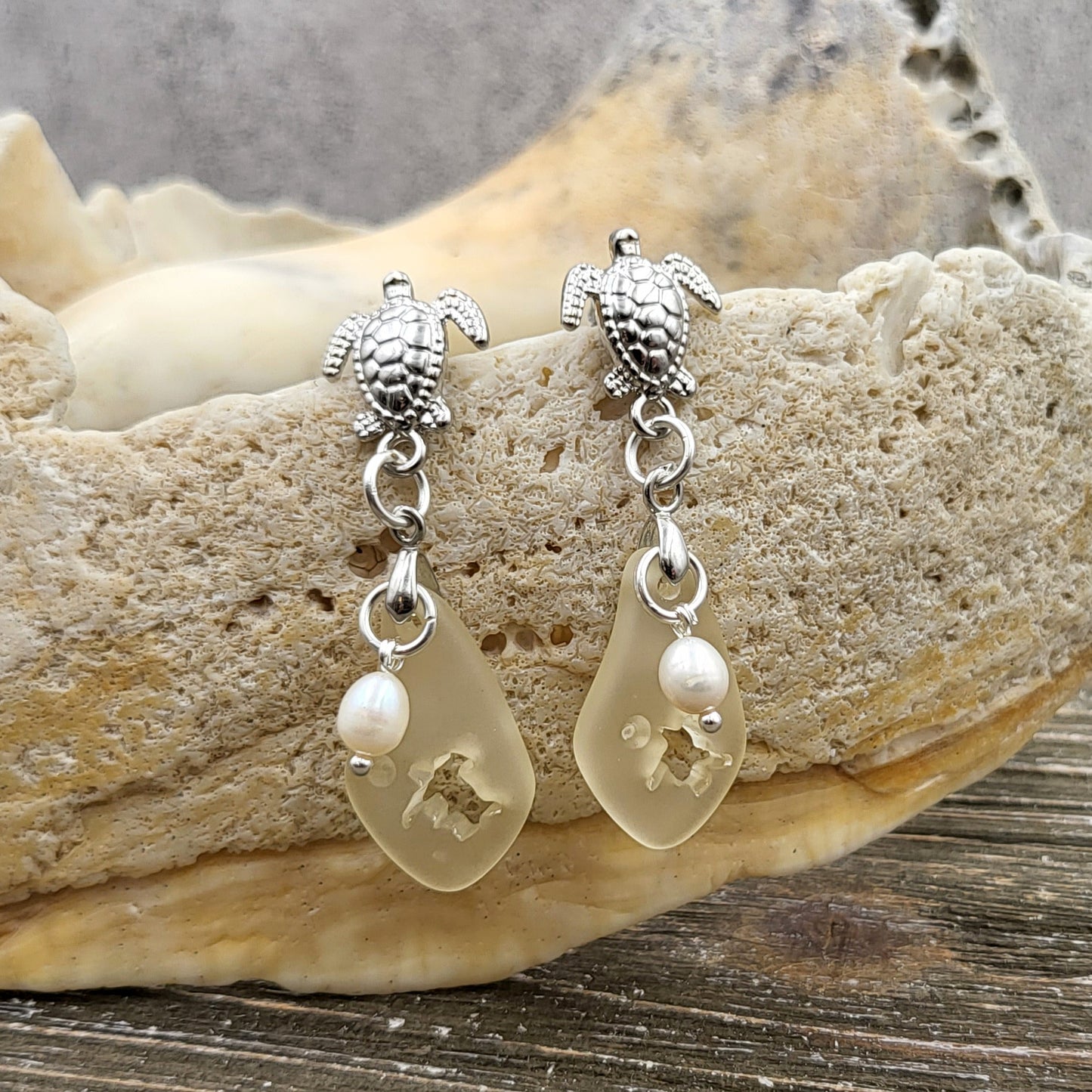 BESHEEK Sterling Silver, Yellow Sea Glass, Turtle and Freshwater Pearl Stud Dangle Earrings | Handmade Hypoallergenic Boho Beach Gala Wedding Style Fashion Earrings