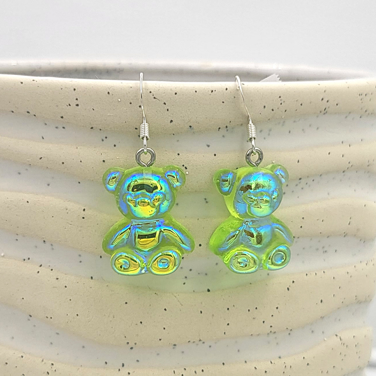 BESHEEK Silvertone and Green Resin Gummy Bear Dangle Earrings | Hypoallergenic Boho Kitchsy Artistic Funky Cute Style Fashion Earrings