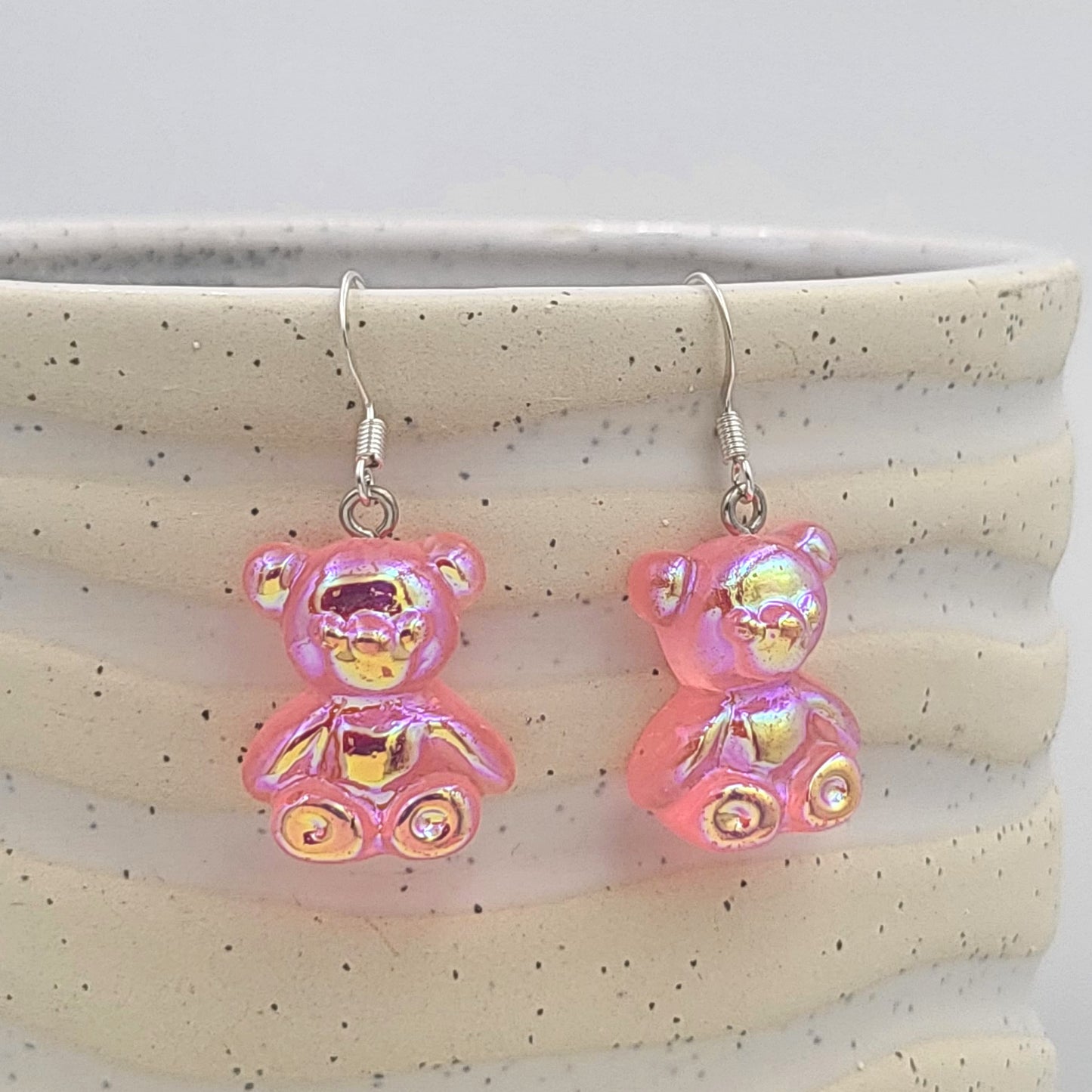 BESHEEK Silvertone and Pink Resin Gummy Bear Dangle Earrings | Hypoallergenic Boho Kitchsy Artistic Funky Cute Style Fashion Earrings