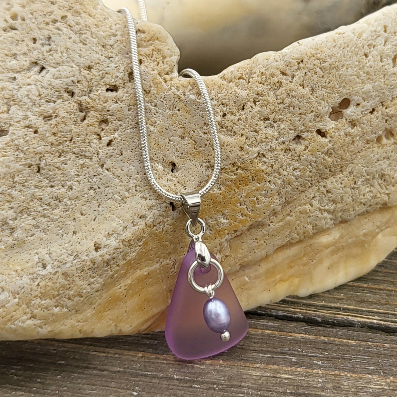 BESHEEK Lavendar Purple Seaglass and Freshwater Pearl Pendant Necklace. ? Handmade Hypoallergenic Boho Beach Gala Wedding Style Fashion Jewelry