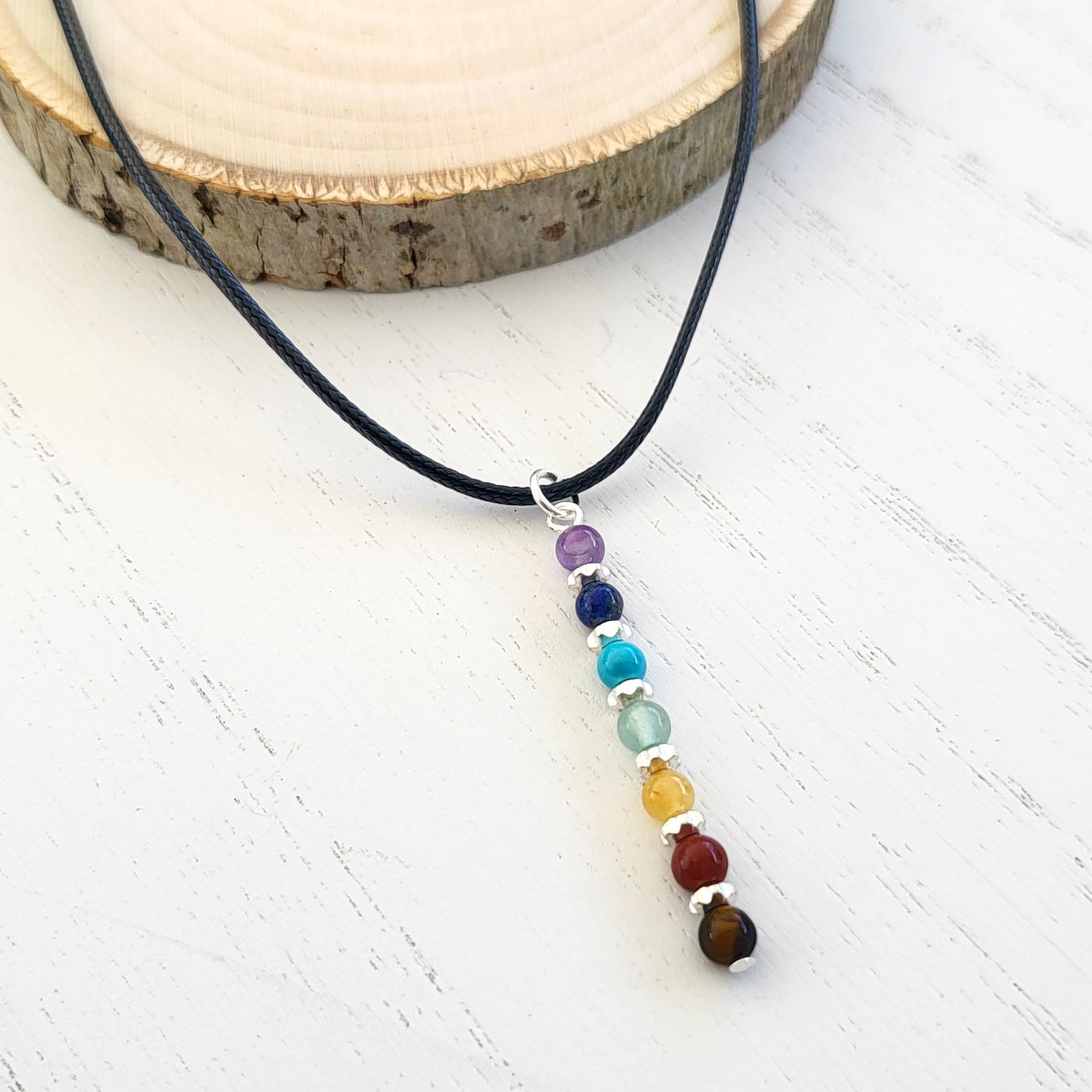 BESHEEK Silvertone Rainbow Multi Stone Chakra Bar Linear Necklace? Handmade Hypoallergenic Boho Beach Gala Wedding Style Fashion Jewelry
