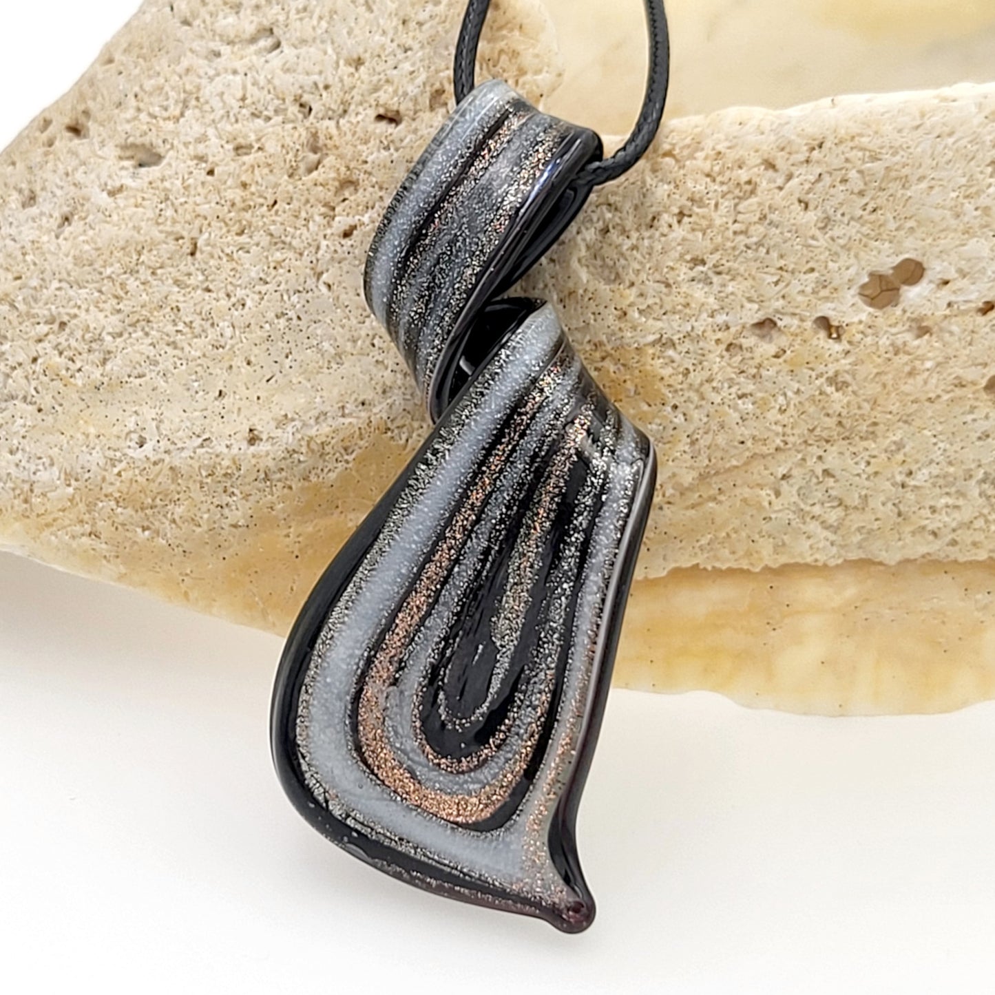 BESHEEK Handmade Murano Inspired Blown Glass Lampwork Art Silver, Gold and Black Twist Curl Necklace Pendant ? Handcrafted Artisan Hypoallergenic Italian Style Jewelry