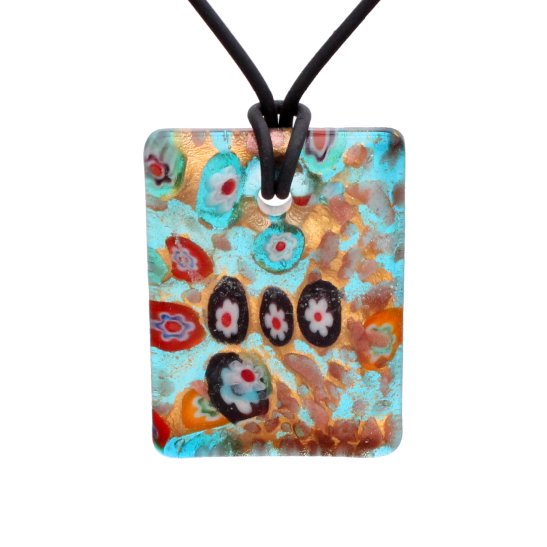 BESHEEK Handmade Murano Inspired Blown Glass Lampwork Art Aqua Blue Millefiori Rectangle Necklace Pendant ? Handcrafted Artisan Hypoallergenic Italian Style Jewelry