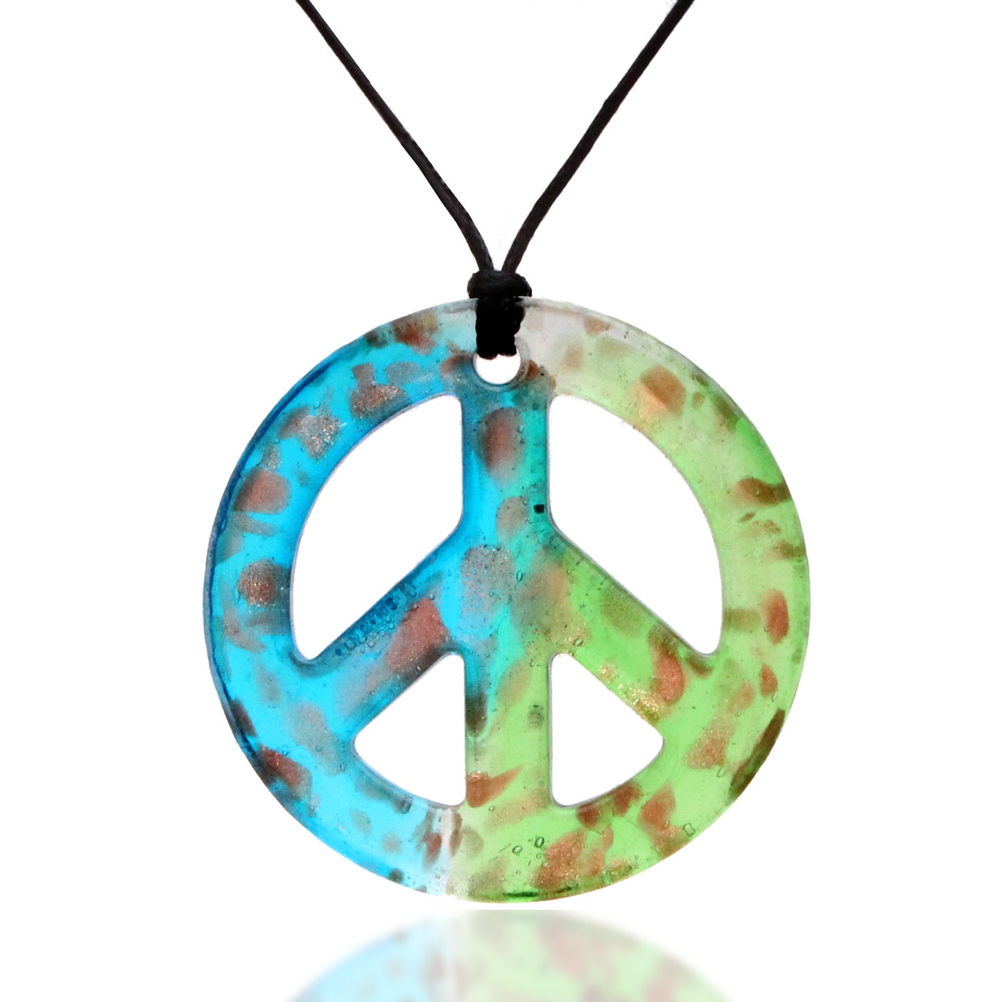 BESHEEK Handmade Murano Inspired Blown Glass Lampwork Art Aqua and Green Peace Sign Necklace Pendant ? Handcrafted Artisan Hypoallergenic Italian Style Jewelry
