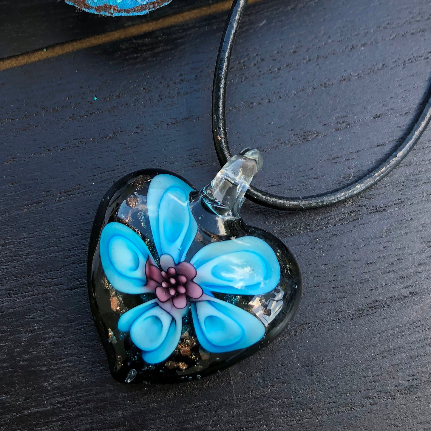 BESHEEK Handmade Murano Inspired Blown Glass Lampwork Art Heart Flower Aqua Blue and Purple Glass Pendant│ Handcrafted Artisan Hypoallergenic Italian Style Jewelry