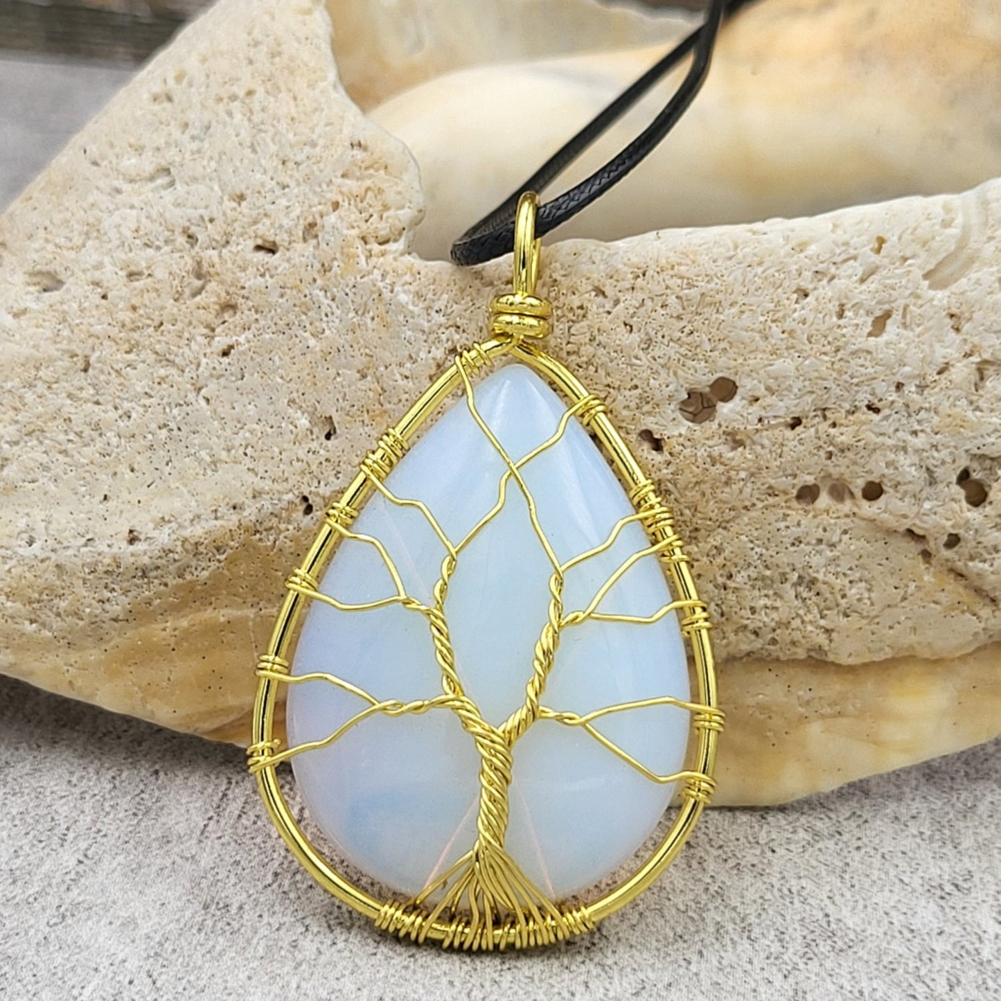 BESHEEK Goldtone and Opalite Wire Wrapped Tree of Life Pendant? Handmade Hypoallergenic Boho Beach Gala Wedding Style Fashion Jewelry