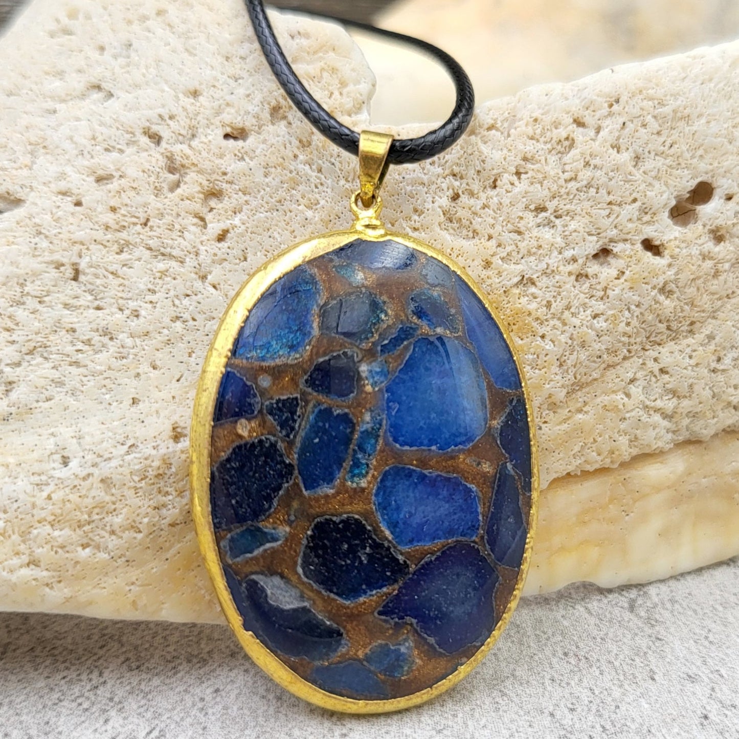 BESHEEK Goldtone Blue Mosiac Quartz Oval Locket Pendant? Handmade Hypoallergenic Boho Beach Gala Wedding Style Fashion Jewelry