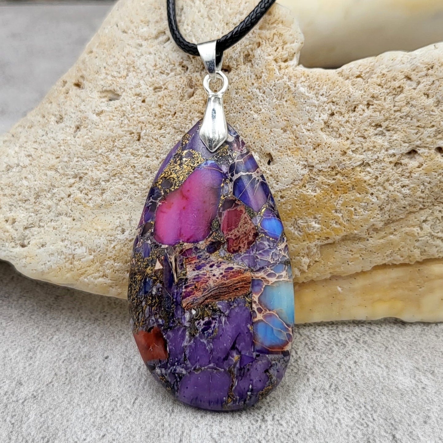 BESHEEK Purple Mosiac Sea Sediment Jasper Teardrop Pendant? Handmade Hypoallergenic Boho Beach Gala Wedding Style Fashion Jewelry