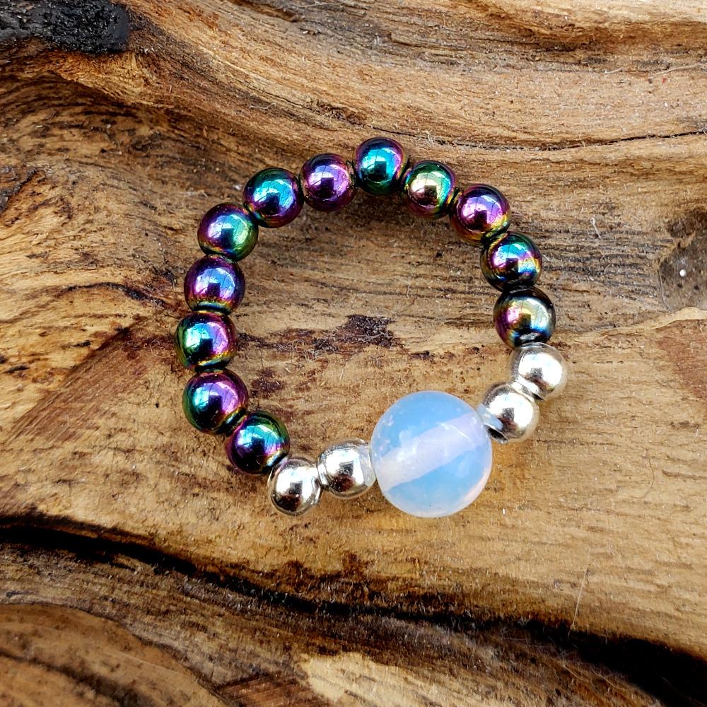Rainbow Hematite and Moonstone Opalite Stretch Toe Ring