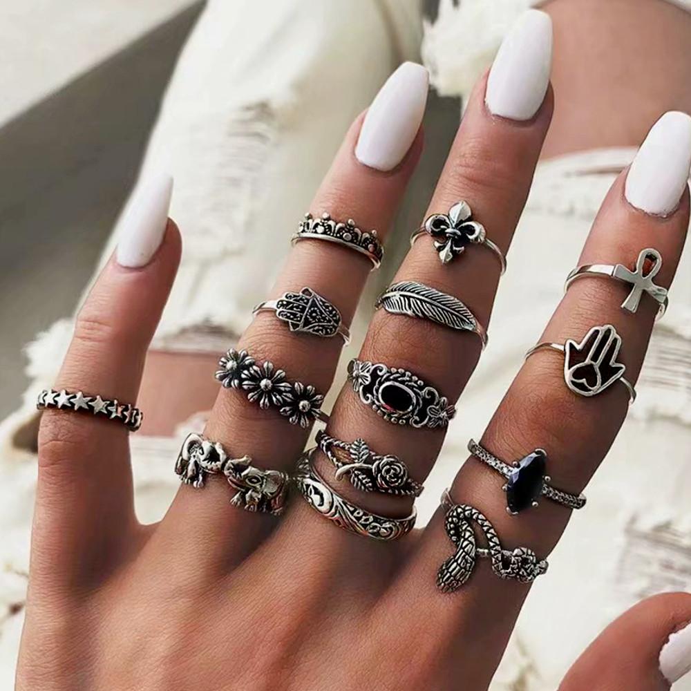 Black Crystal and Silvertone Cabochon Daisy Hamsa Rings (Set of 14)