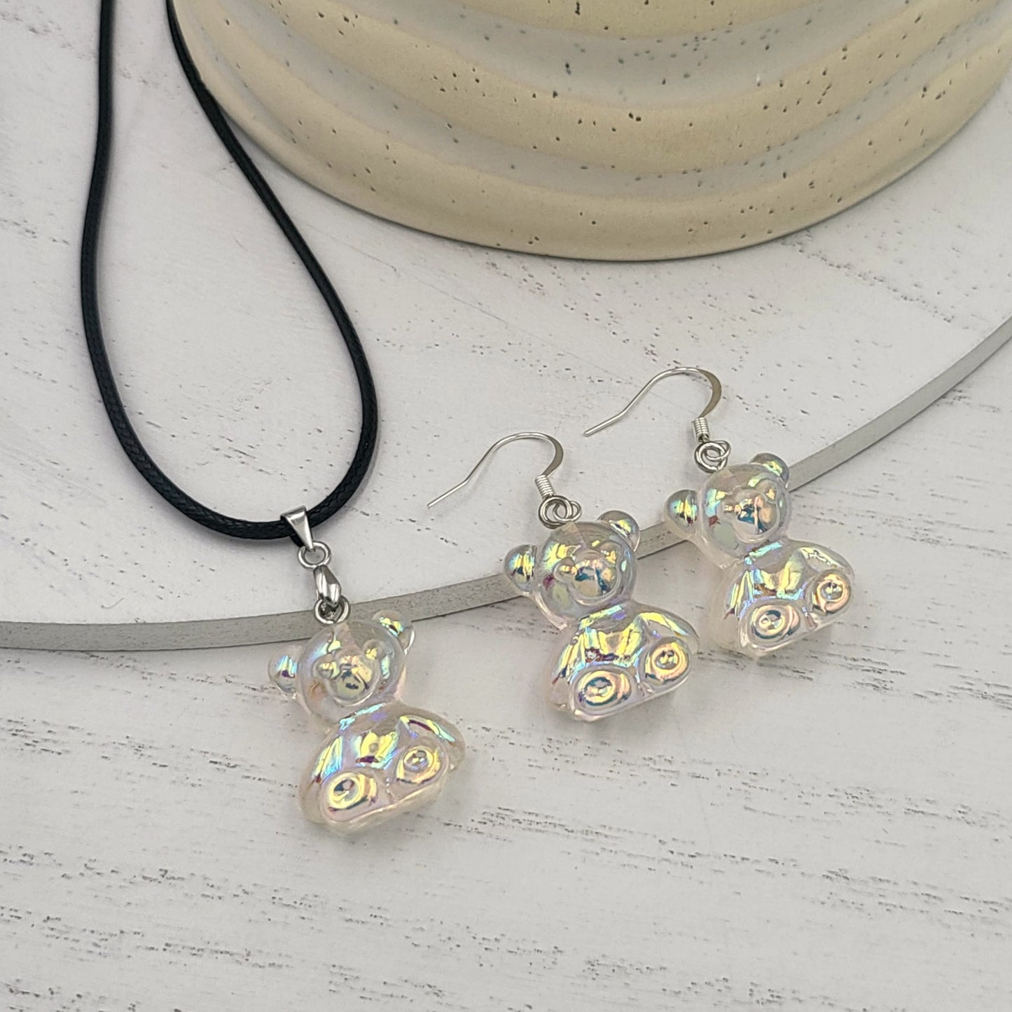 BESHEEK Silvertone and Clear AB Resin Gummy Bear Jewelry Set | Hypoallergenic Boho Kitchsy Artistic Funky Cute Style Fashion Necklace and Earrings
