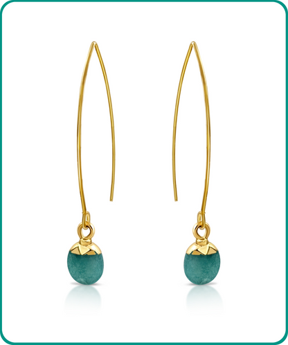 BESHEEK | Goldtone Long Fish Hook Jade Oval Dangle Earrings