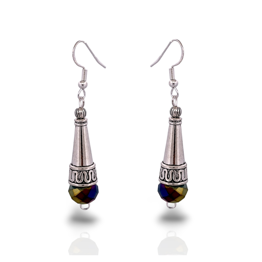 BeSheek Sterling Silver Rainbow Tibetan Filigree Cone and Crystal Glass Dangle Earrings