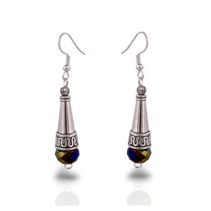 BeSheek Sterling Silver Rainbow Tibetan Filigree Cone and Crystal Glass Dangle Earrings