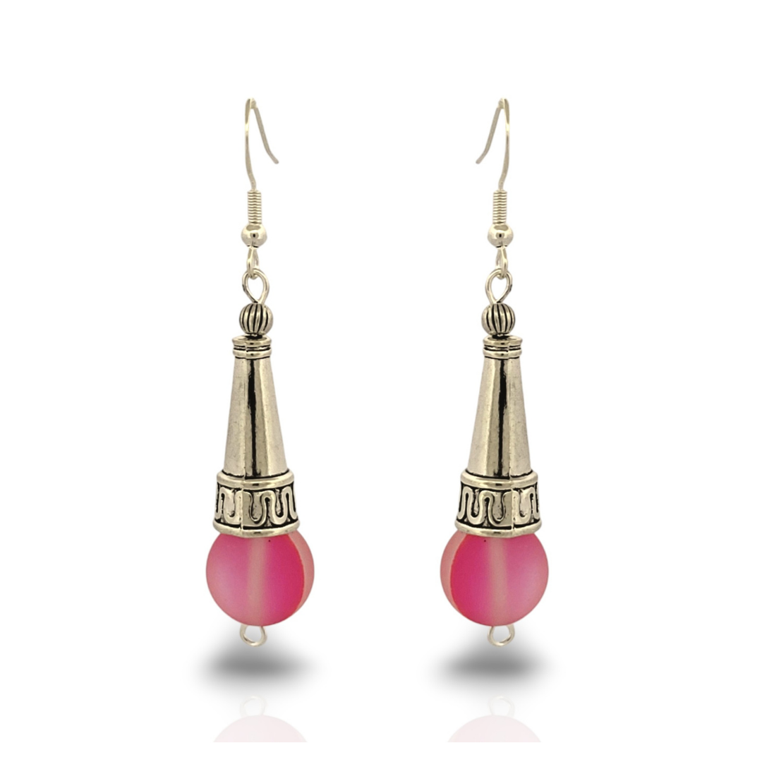 BeSheek Sterling Silver Fucsia Pink Tibetan Filigree Cone and Mermaid Glass Dangle Earrings